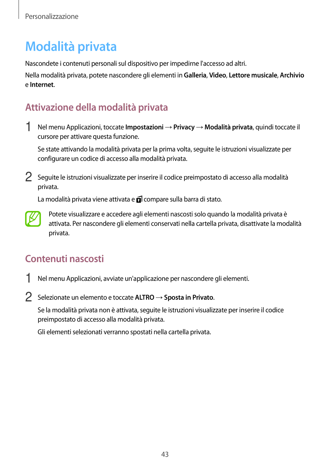 Samsung SM-T555NZKAITV, SM-T555NZKAAUT manual Modalità privata, Attivazione della modalità privata, Contenuti nascosti 