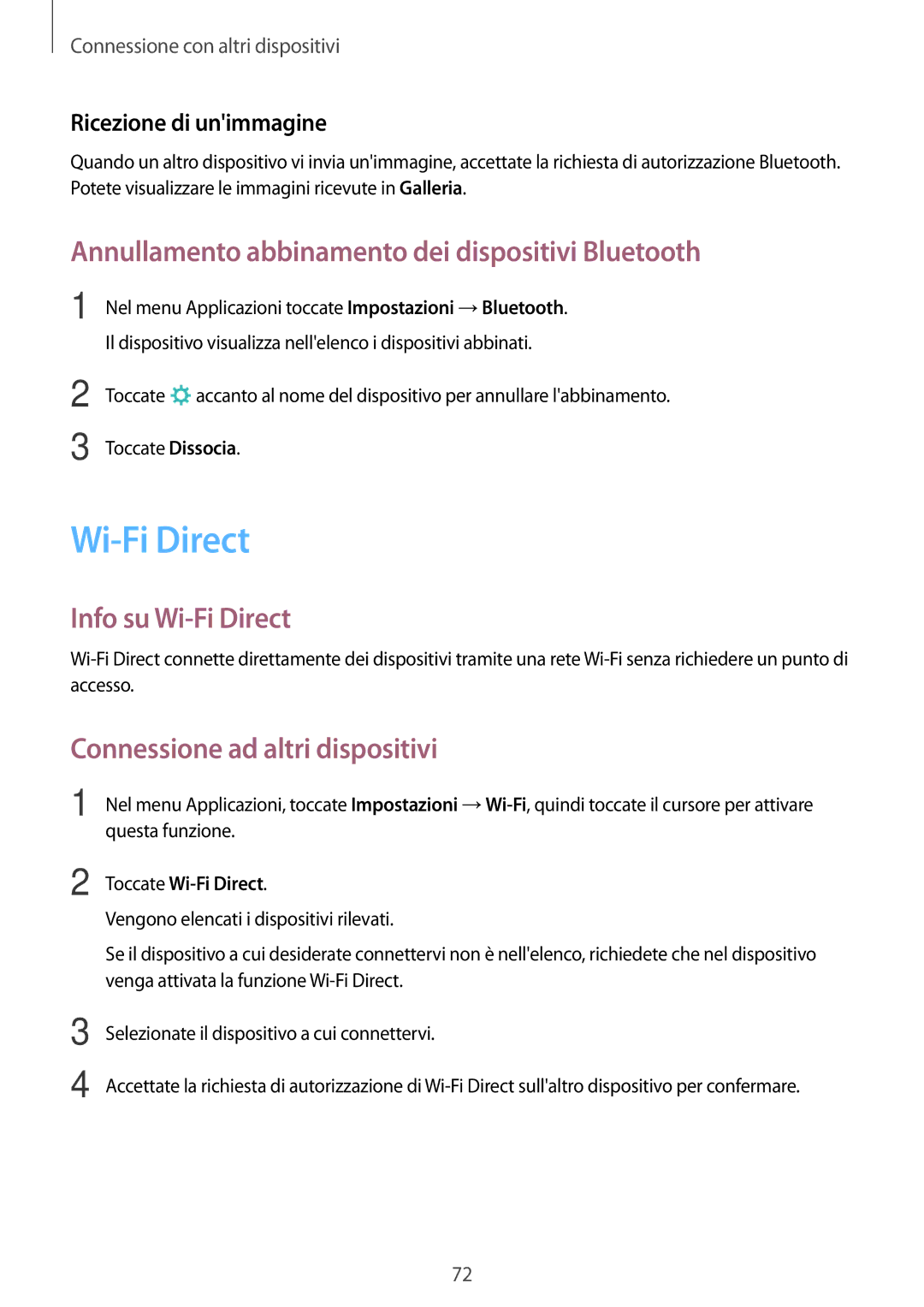 Samsung SM-T555NZWAITV, SM-T555NZKAAUT manual Annullamento abbinamento dei dispositivi Bluetooth, Info su Wi-Fi Direct 