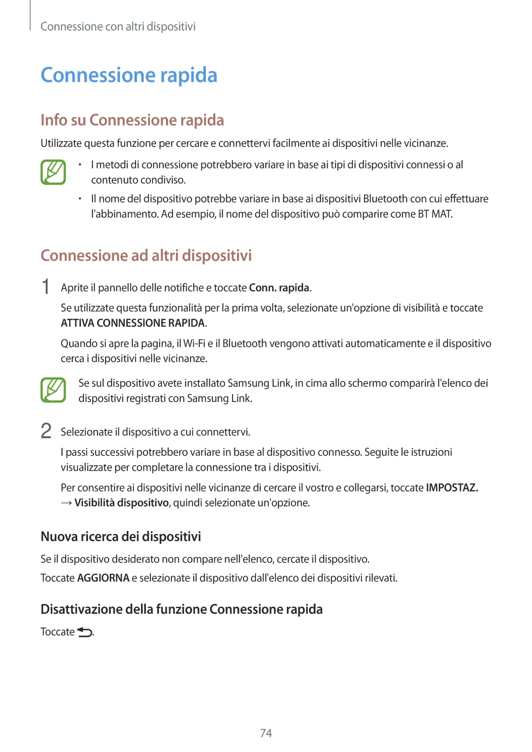 Samsung SM-T555NZWATIM, SM-T555NZKAAUT, SM-T555NZWAVD2 manual Info su Connessione rapida, Nuova ricerca dei dispositivi 