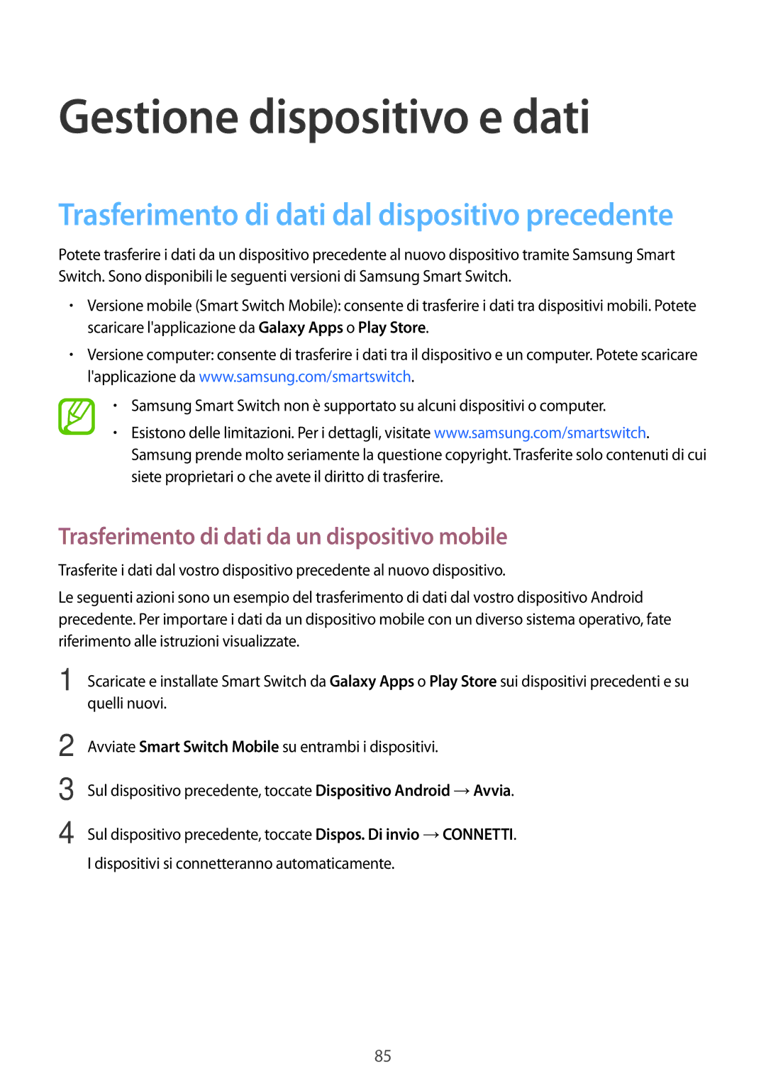 Samsung SM-T555NZWAITV, SM-T555NZKAAUT manual Gestione dispositivo e dati, Trasferimento di dati da un dispositivo mobile 