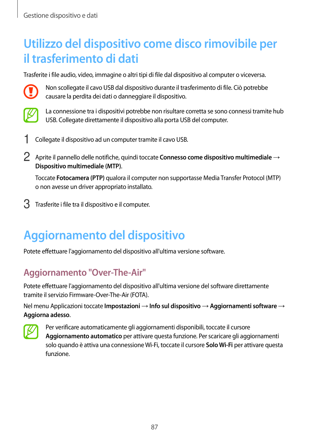 Samsung SM-T555NZWATIM, SM-T555NZKAAUT, SM-T555NZWAVD2 manual Aggiornamento del dispositivo, Aggiornamento Over-The-Air 