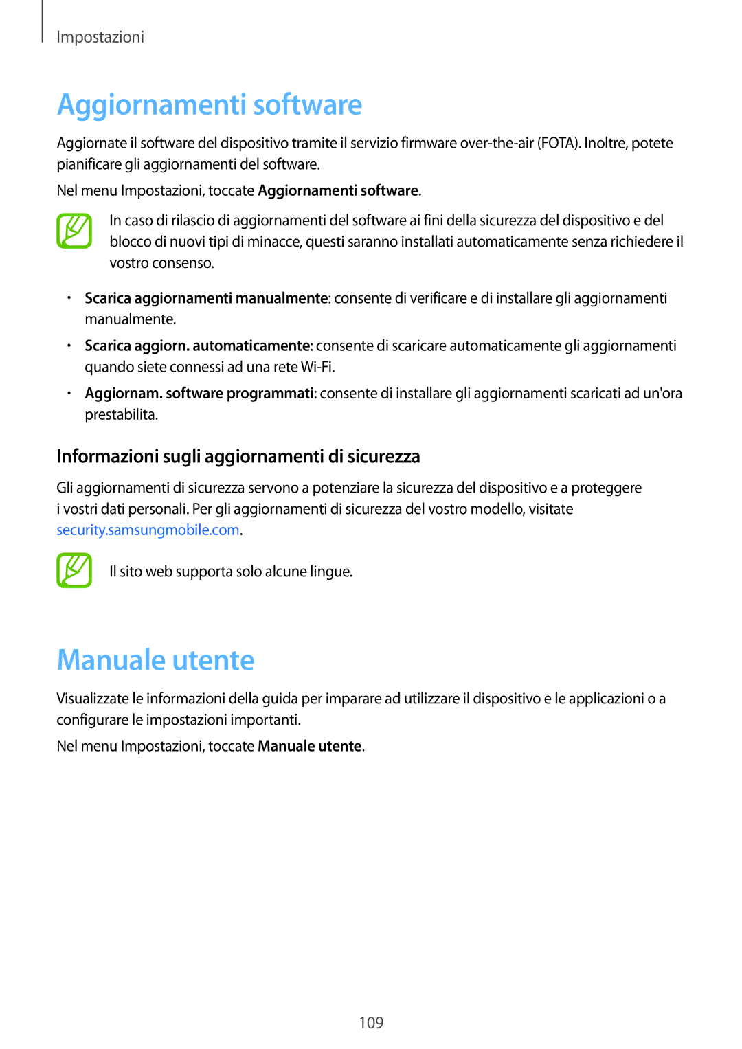 Samsung SM-T555NZAAITV manual Aggiornamenti software, Manuale utente, Informazioni sugli aggiornamenti di sicurezza 