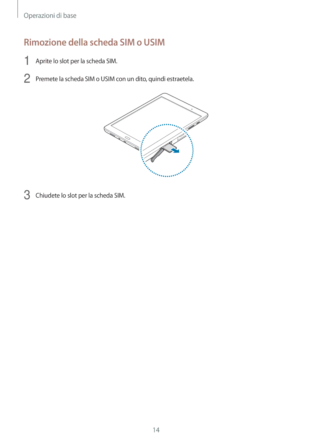 Samsung SM-T555NZWAVD2, SM-T555NZKAAUT, SM-T555NZWADBT, SM-T555NZWACOS, SM-T555NZKAITV manual Rimozione della scheda SIM o Usim 