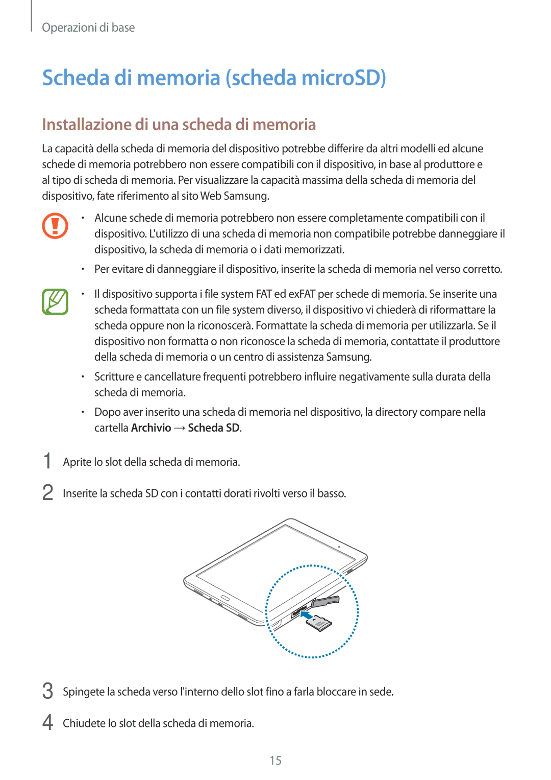 Samsung SM-T555NZWADBT, SM-T555NZKAAUT manual Scheda di memoria scheda microSD, Installazione di una scheda di memoria 