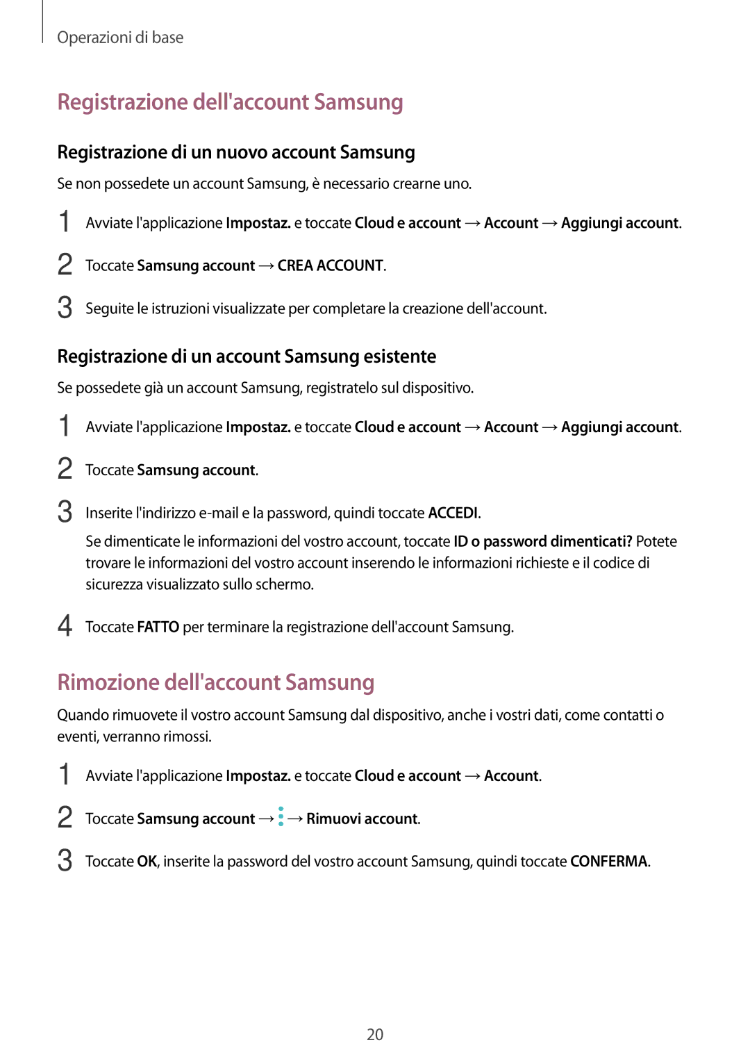 Samsung SM-T555NZWAITV, SM-T555NZKAAUT, SM-T555NZWAVD2 Registrazione dellaccount Samsung, Rimozione dellaccount Samsung 