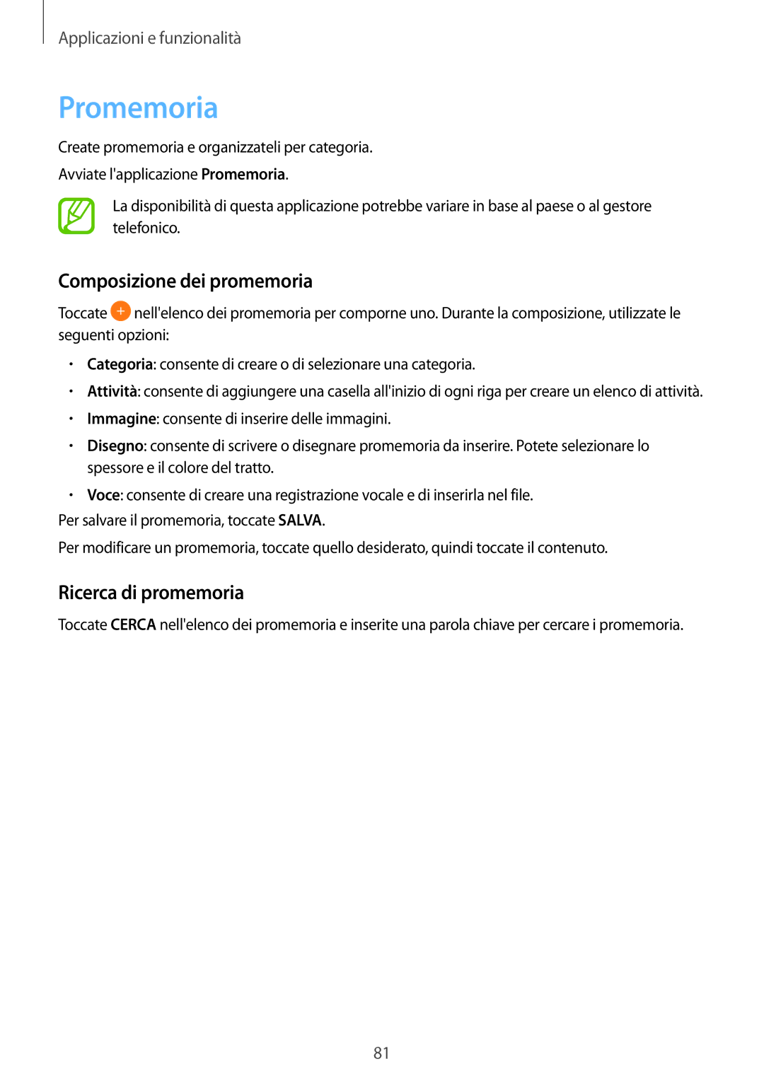 Samsung SM-T555NZWACOS, SM-T555NZKAAUT, SM-T555NZWAVD2 manual Promemoria, Composizione dei promemoria, Ricerca di promemoria 