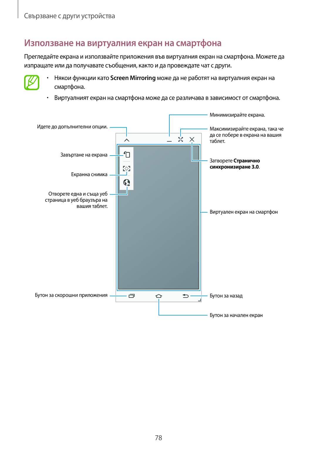 Samsung SM-T555NZKABGL manual Използване на виртуалния екран на смартфона 