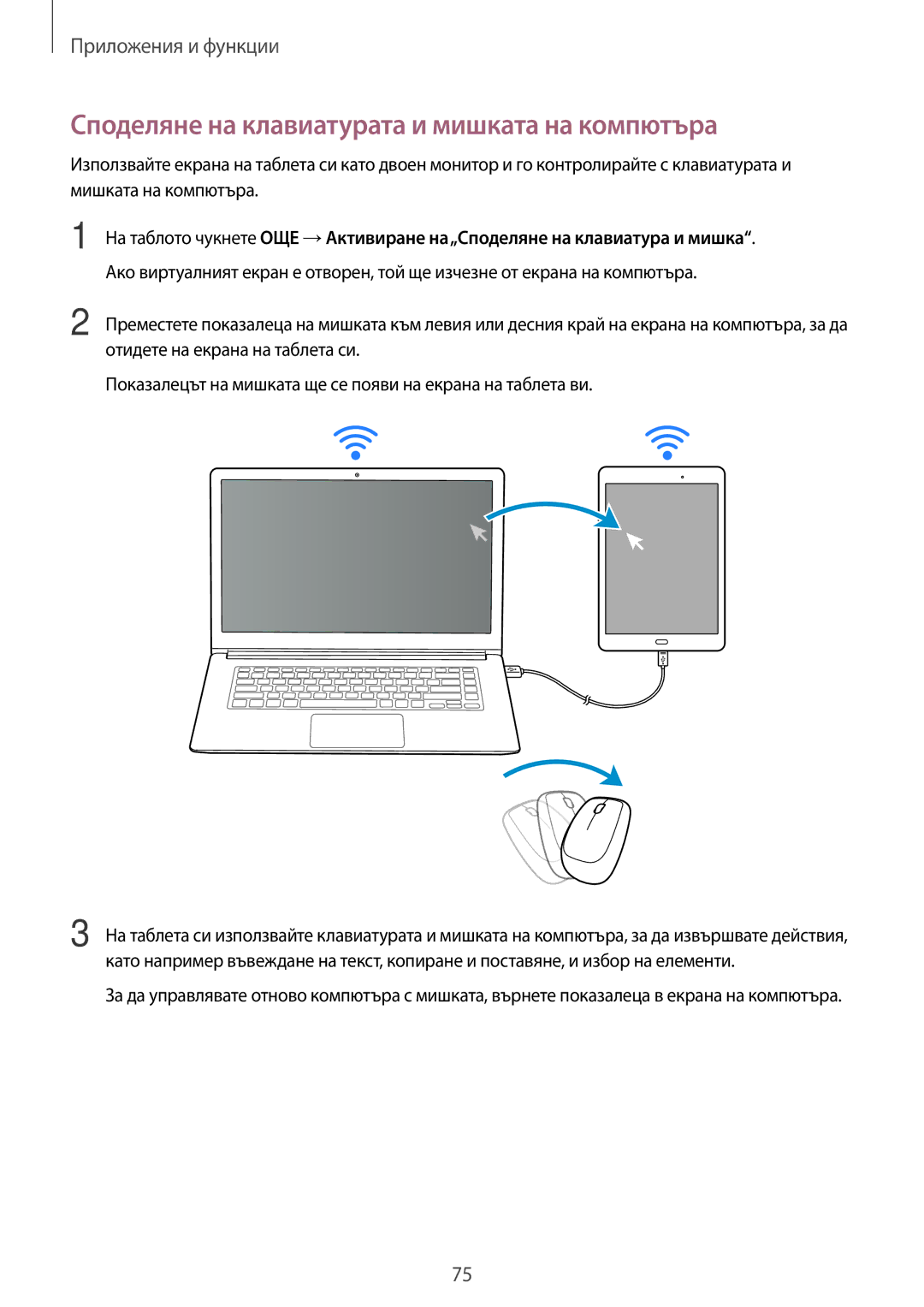 Samsung SM-T555NZKABGL manual Споделяне на клавиатурата и мишката на компютъра 