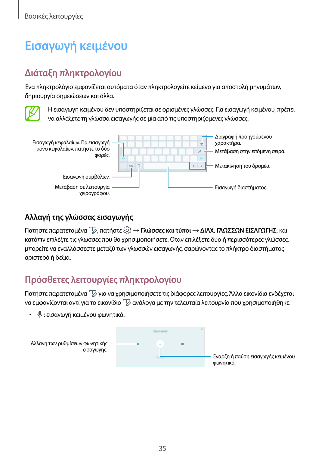 Samsung SM-T555NZKACOS manual Εισαγωγή κειμένου, Διάταξη πληκτρολογίου, Πρόσθετες λειτουργίες πληκτρολογίου 