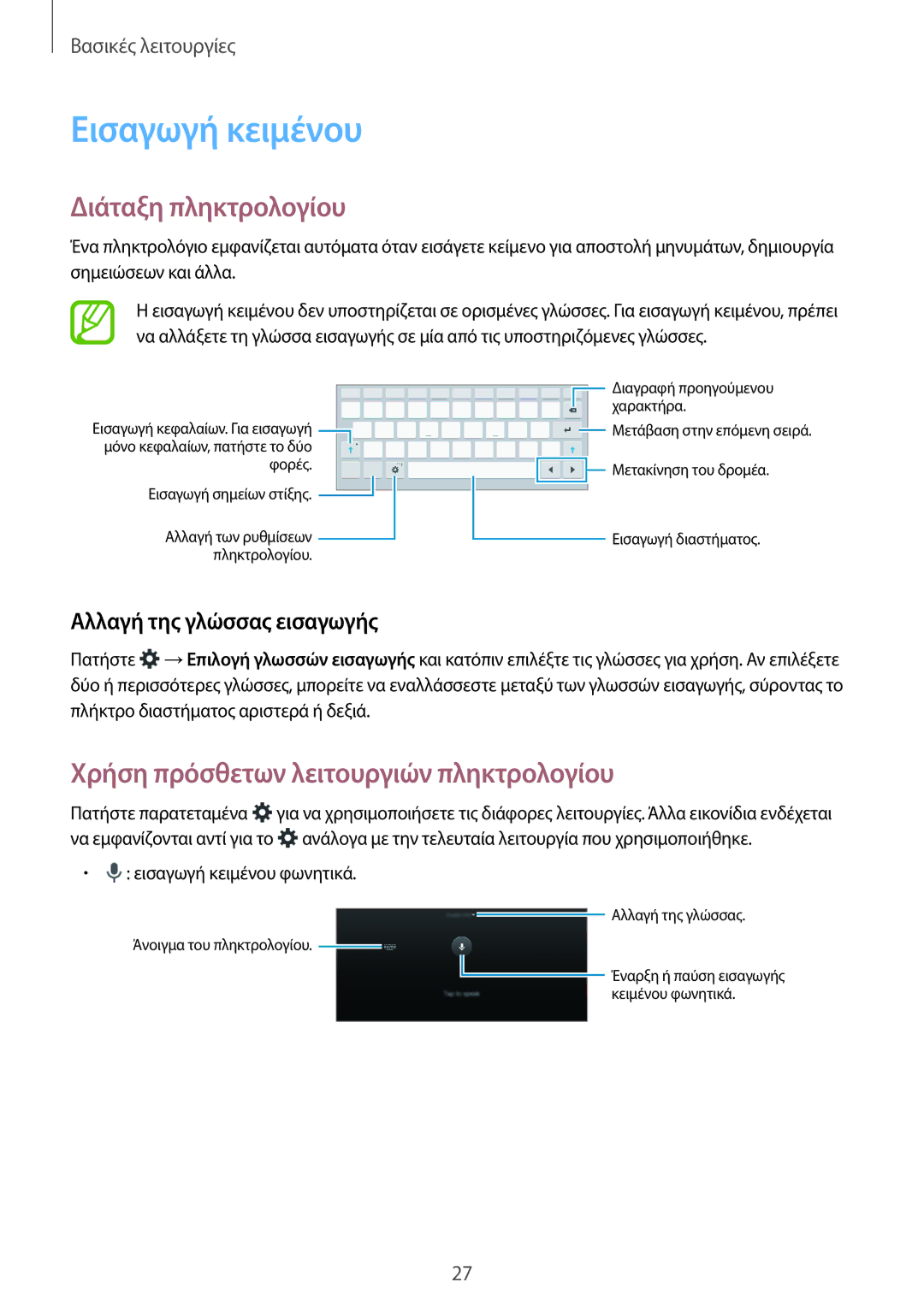 Samsung SM-T555NZKACOS manual Εισαγωγή κειμένου, Διάταξη πληκτρολογίου, Χρήση πρόσθετων λειτουργιών πληκτρολογίου 