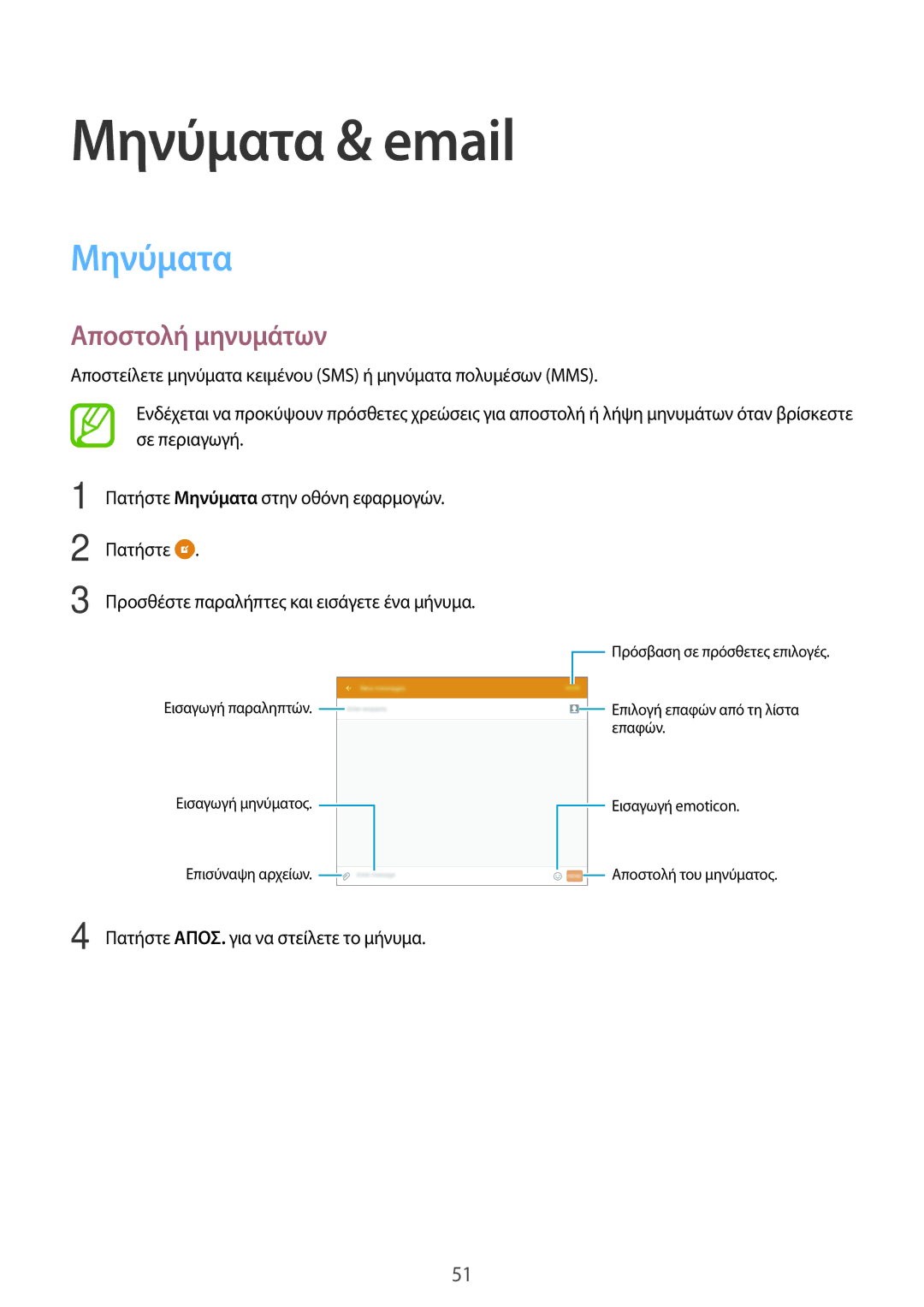 Samsung SM-T555NZKACOS manual Μηνύματα & email, Αποστολή μηνυμάτων 