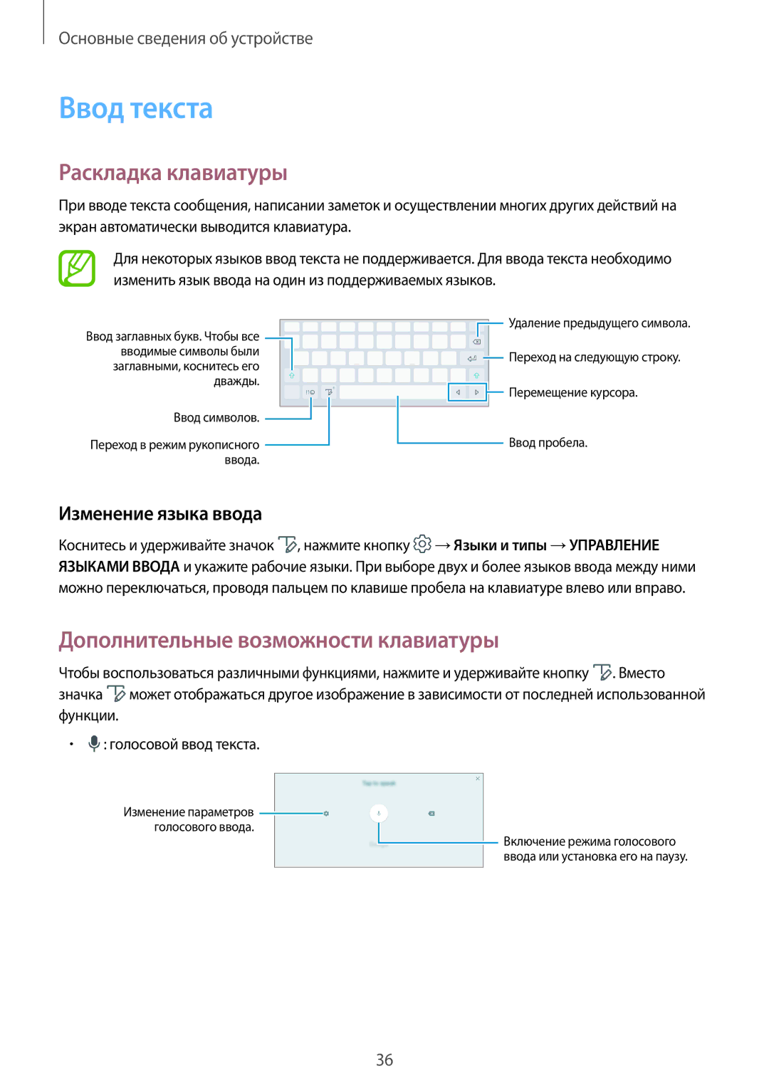 Samsung SM-T555NZKASEB Ввод текста, Раскладка клавиатуры, Дополнительные возможности клавиатуры, Изменение языка ввода 