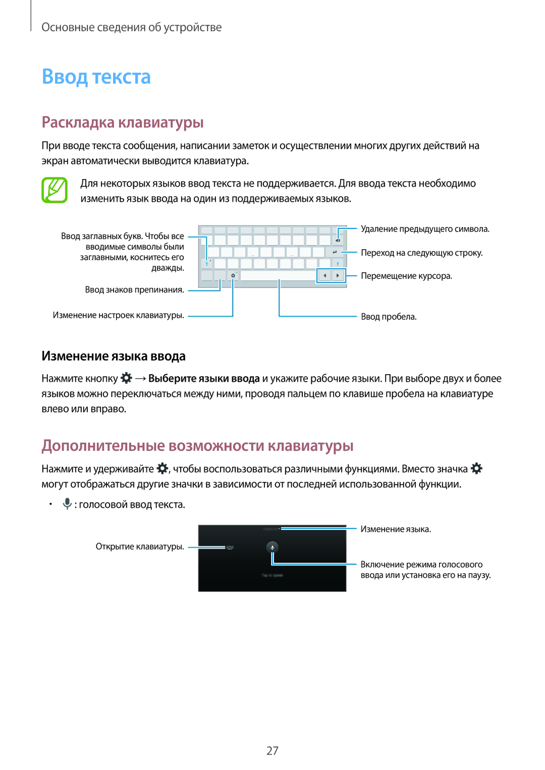 Samsung SM-T555NZWASER Ввод текста, Раскладка клавиатуры, Дополнительные возможности клавиатуры, Изменение языка ввода 