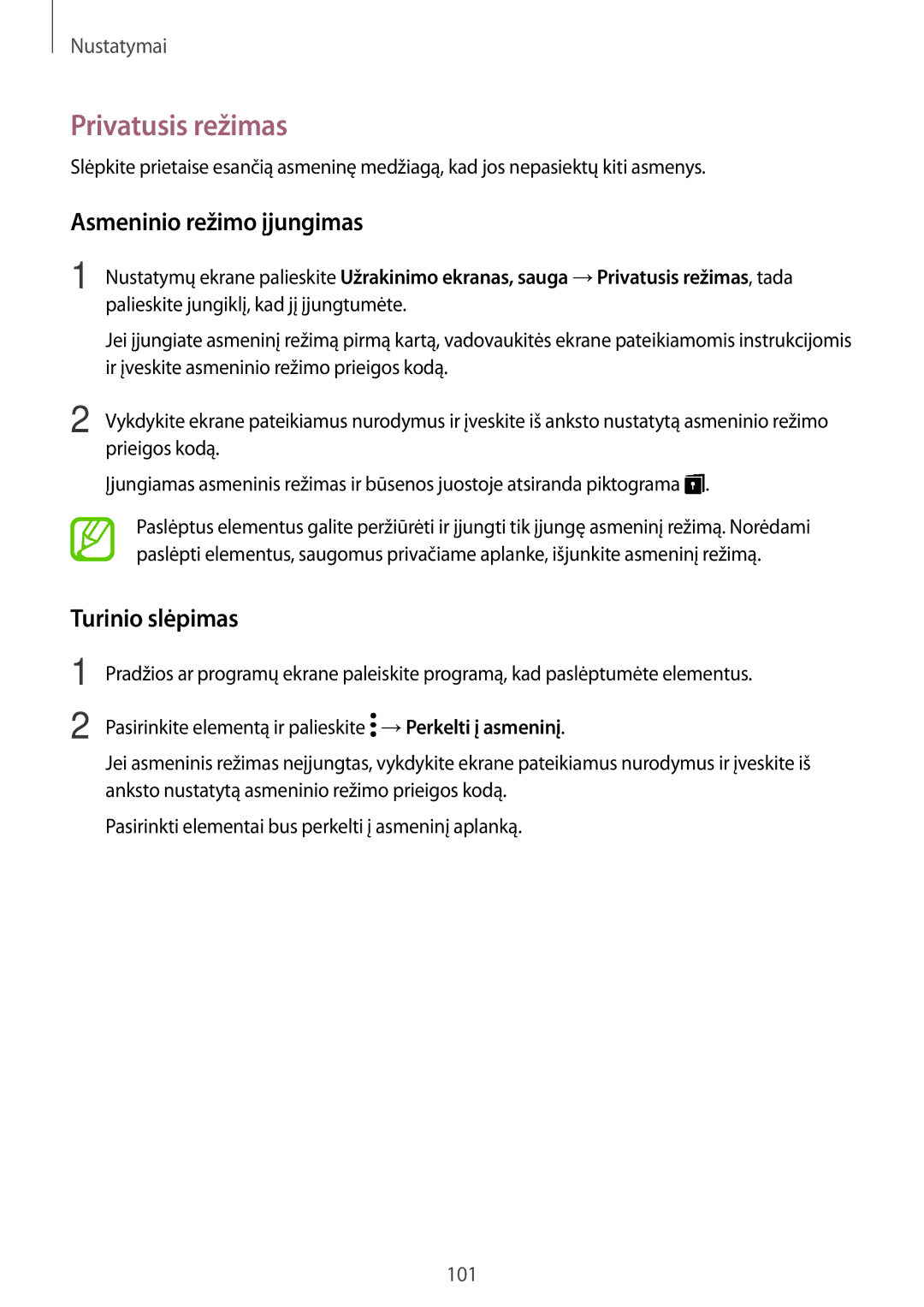 Samsung SM-T555NZWASEB, SM-T555NZKASEB manual Privatusis režimas, Asmeninio režimo įjungimas, Turinio slėpimas 