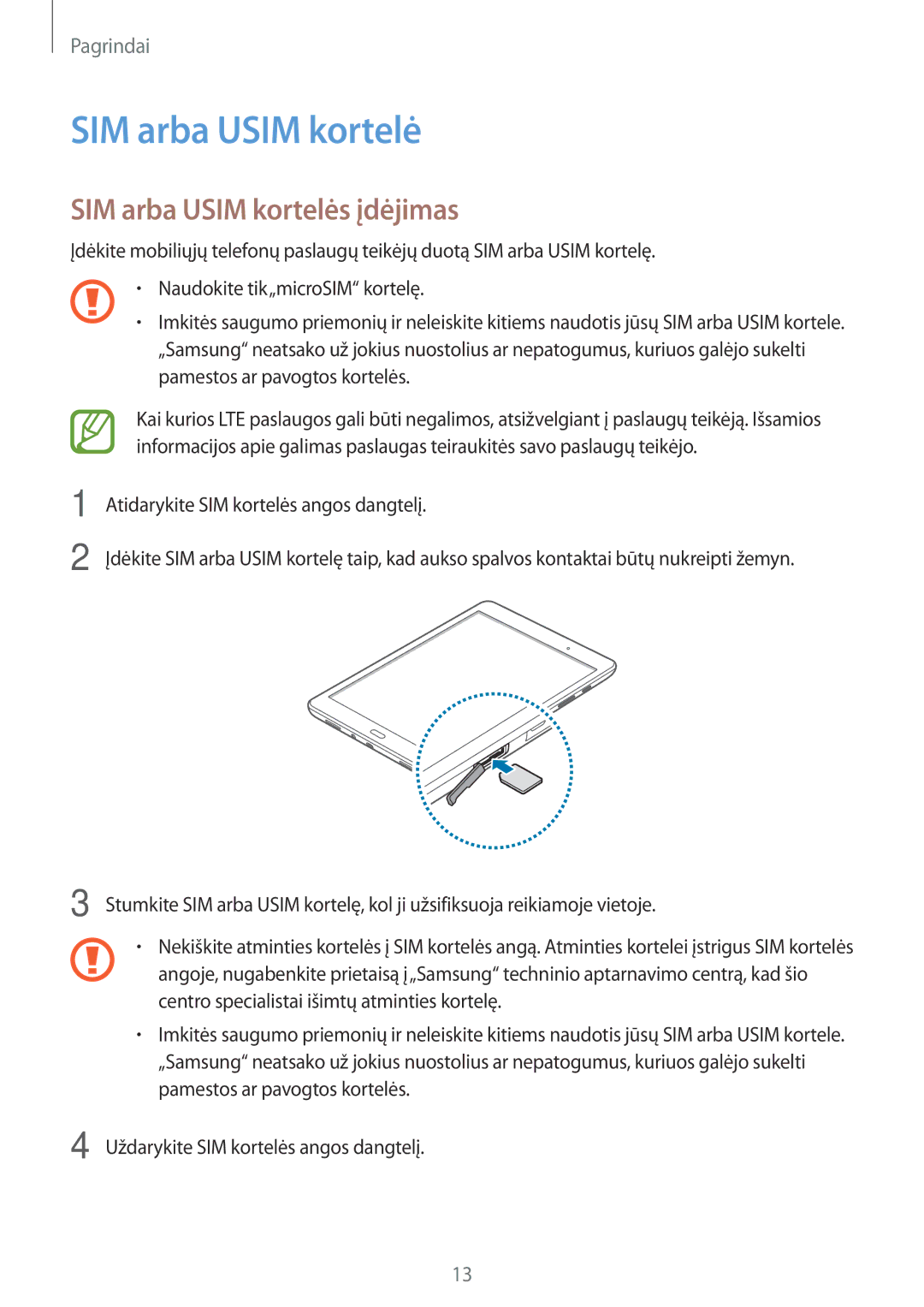 Samsung SM-T555NZWASEB, SM-T555NZKASEB manual SIM arba Usim kortelės įdėjimas 