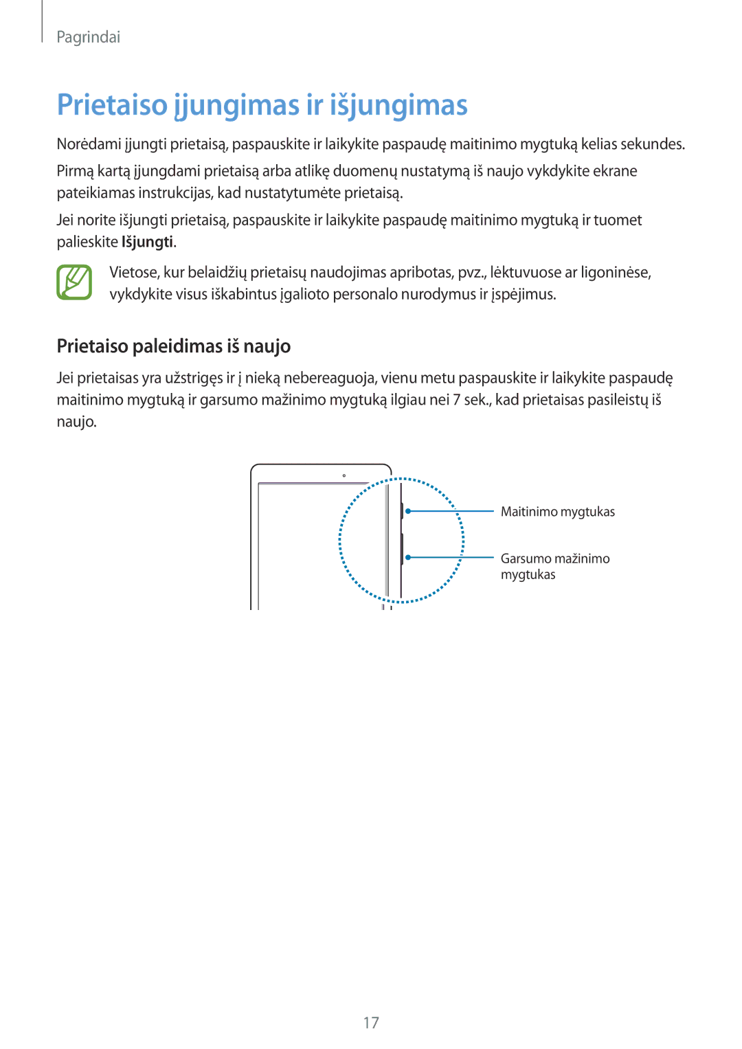 Samsung SM-T555NZWASEB, SM-T555NZKASEB manual Prietaiso įjungimas ir išjungimas, Prietaiso paleidimas iš naujo 