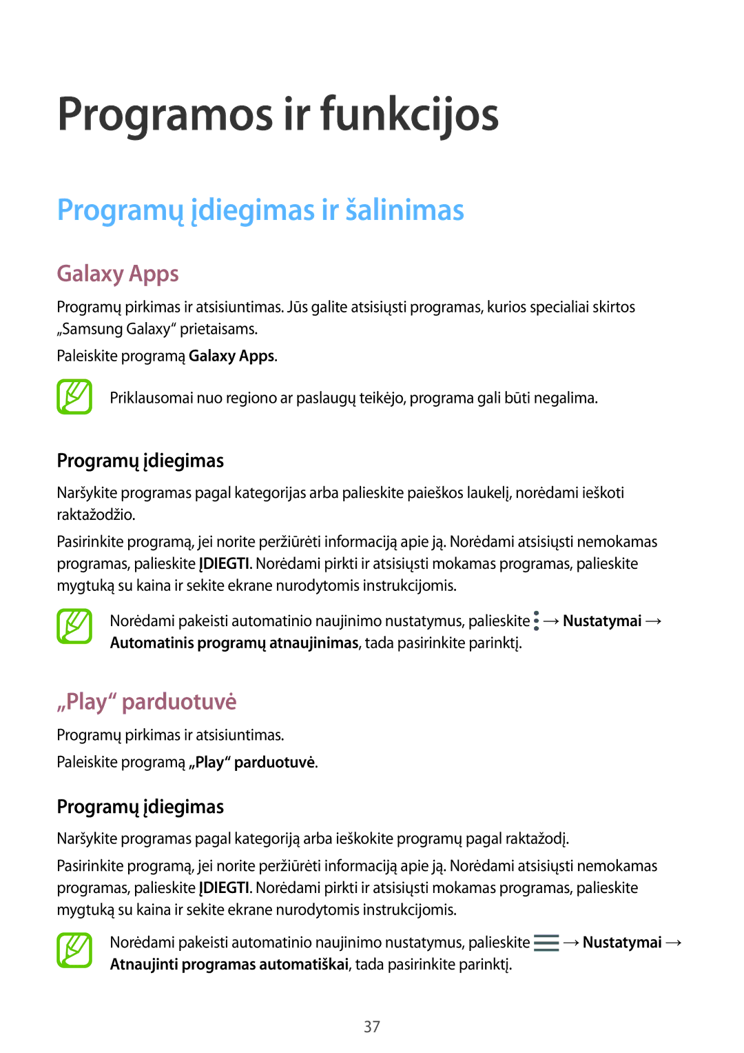 Samsung SM-T555NZWASEB, SM-T555NZKASEB manual Programų įdiegimas ir šalinimas, Galaxy Apps, „Play parduotuvė 