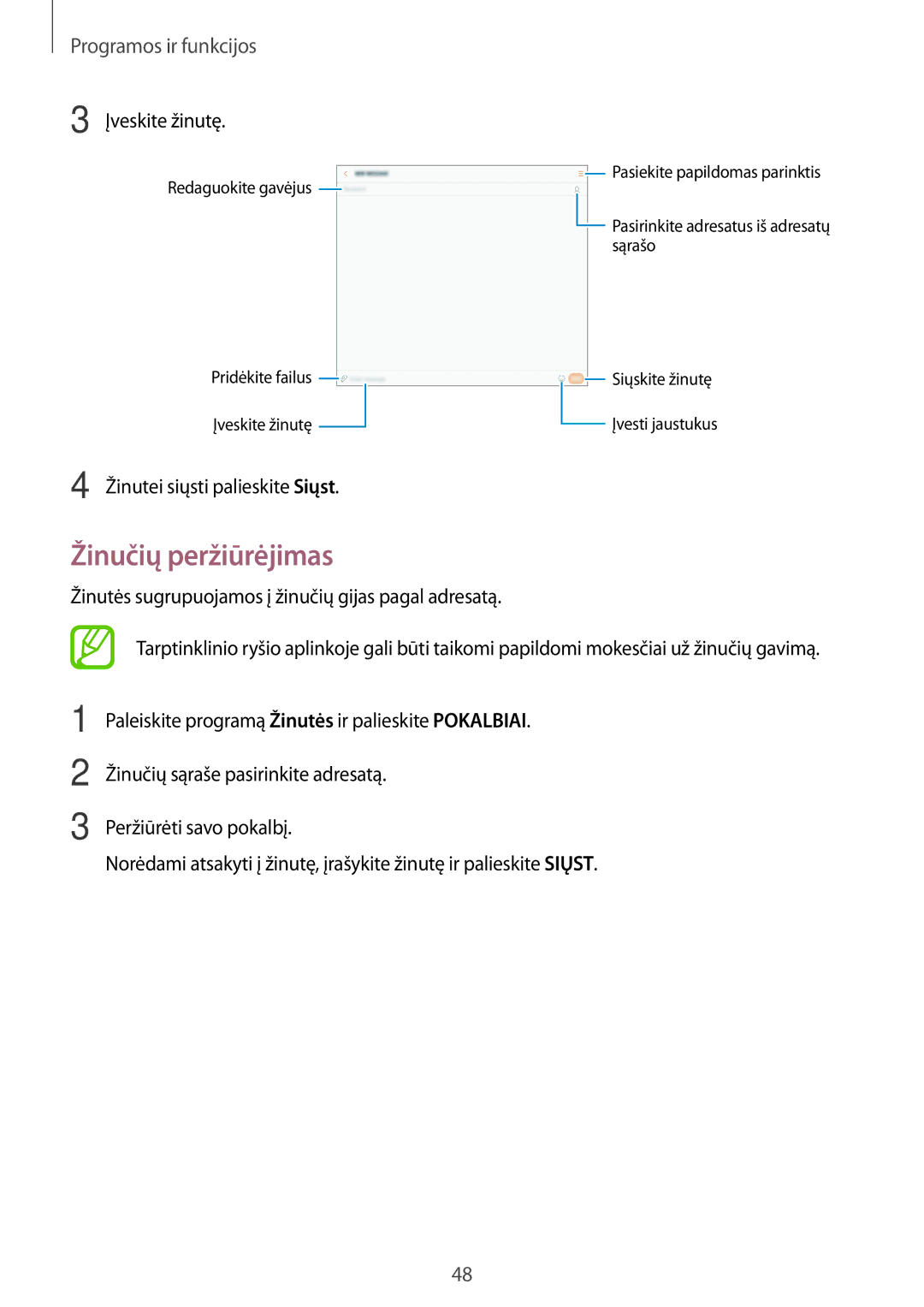 Samsung SM-T555NZKASEB, SM-T555NZWASEB manual Žinučių peržiūrėjimas, Žinutei siųsti palieskite Siųst 