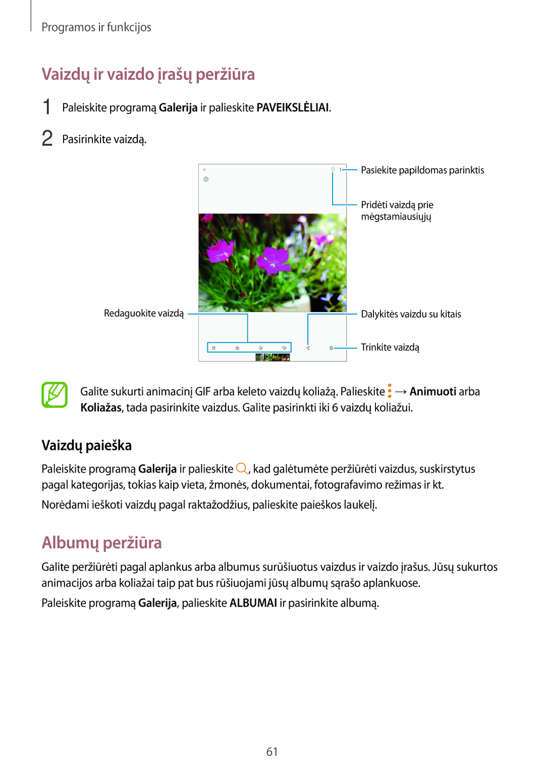 Samsung SM-T555NZWASEB, SM-T555NZKASEB manual Vaizdų ir vaizdo įrašų peržiūra, Albumų peržiūra, Vaizdų paieška 