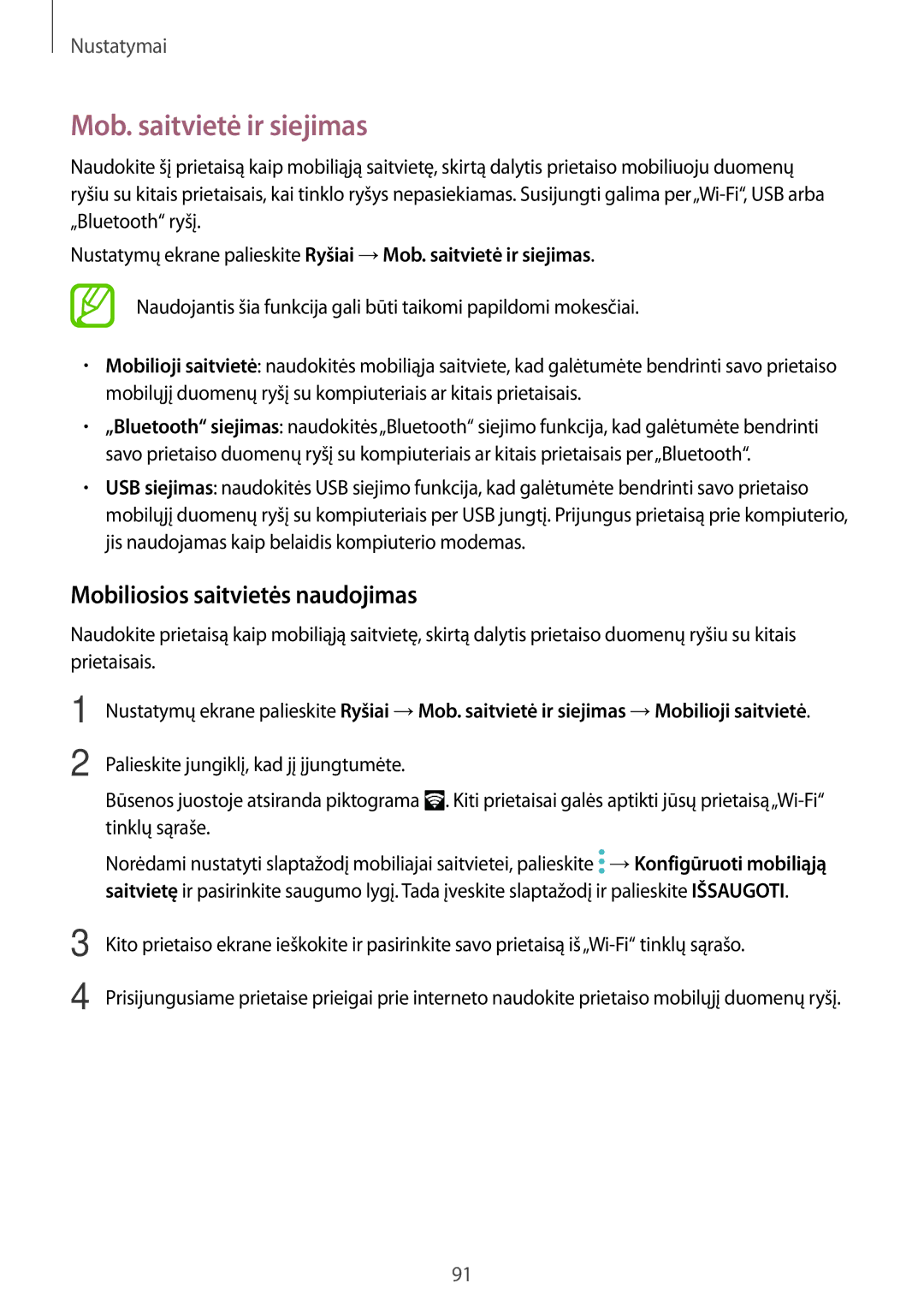 Samsung SM-T555NZWASEB, SM-T555NZKASEB manual Mob. saitvietė ir siejimas, Mobiliosios saitvietės naudojimas 