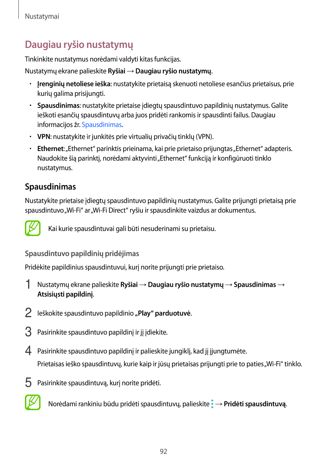 Samsung SM-T555NZKASEB, SM-T555NZWASEB manual Daugiau ryšio nustatymų, Spausdinimas 