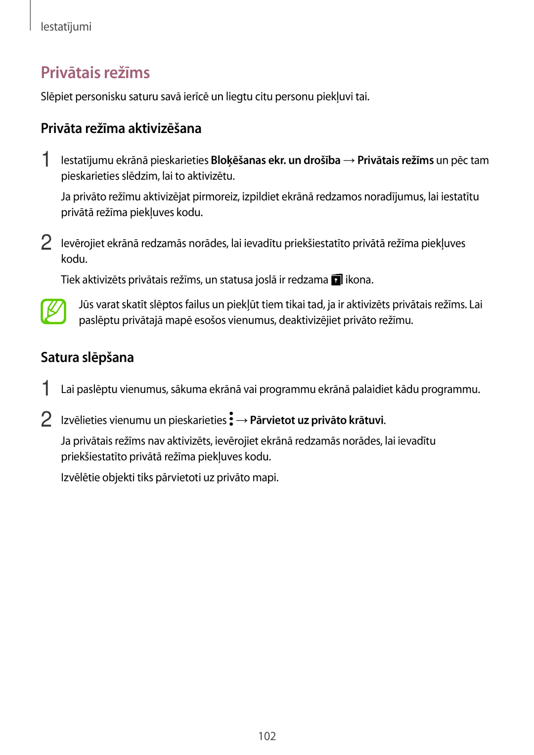 Samsung SM-T555NZKASEB, SM-T555NZWASEB manual Privātais režīms, Privāta režīma aktivizēšana, Satura slēpšana 