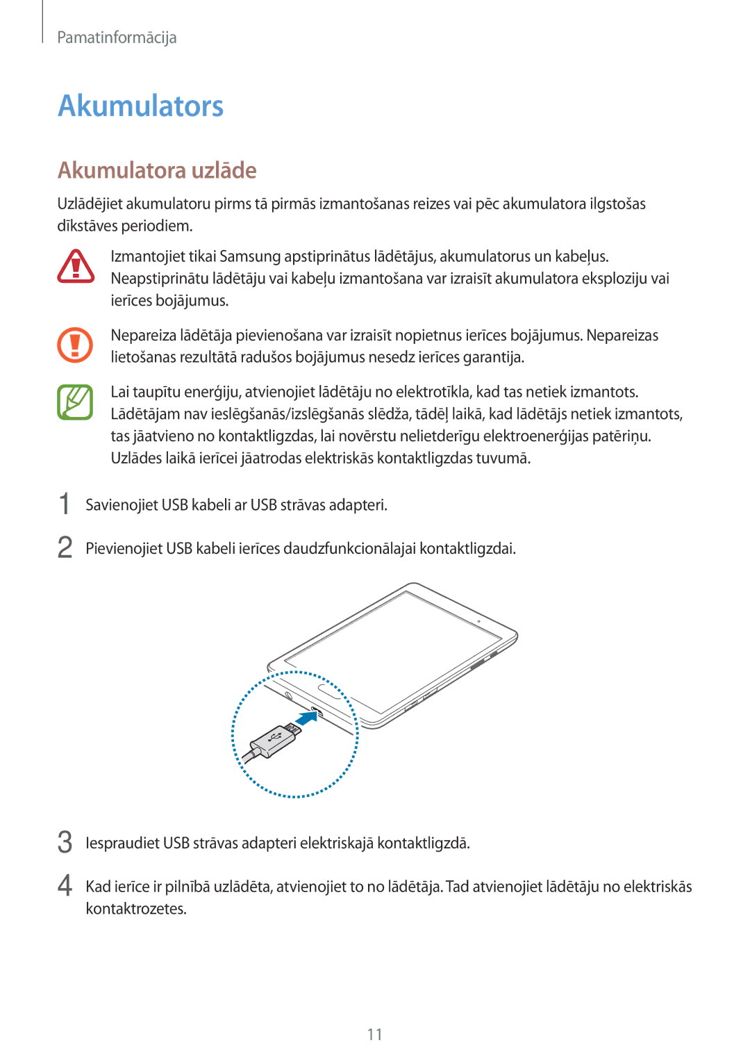 Samsung SM-T555NZWASEB, SM-T555NZKASEB manual Akumulators, Akumulatora uzlāde 