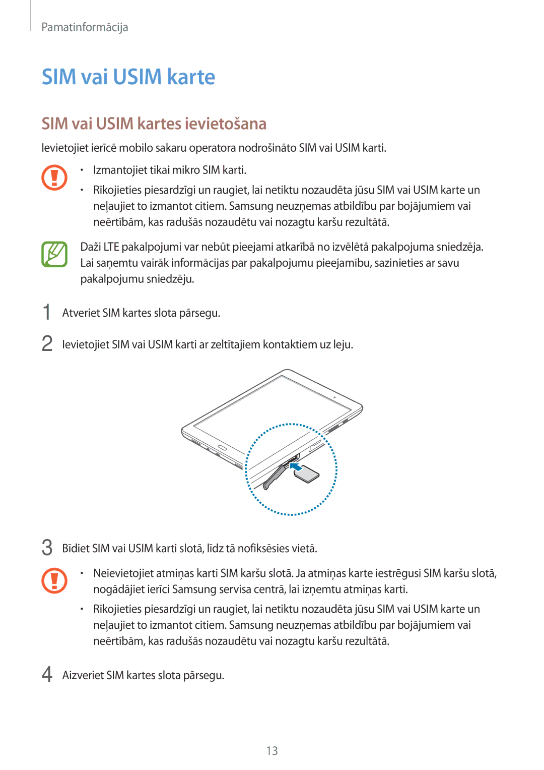 Samsung SM-T555NZWASEB, SM-T555NZKASEB manual SIM vai Usim kartes ievietošana 