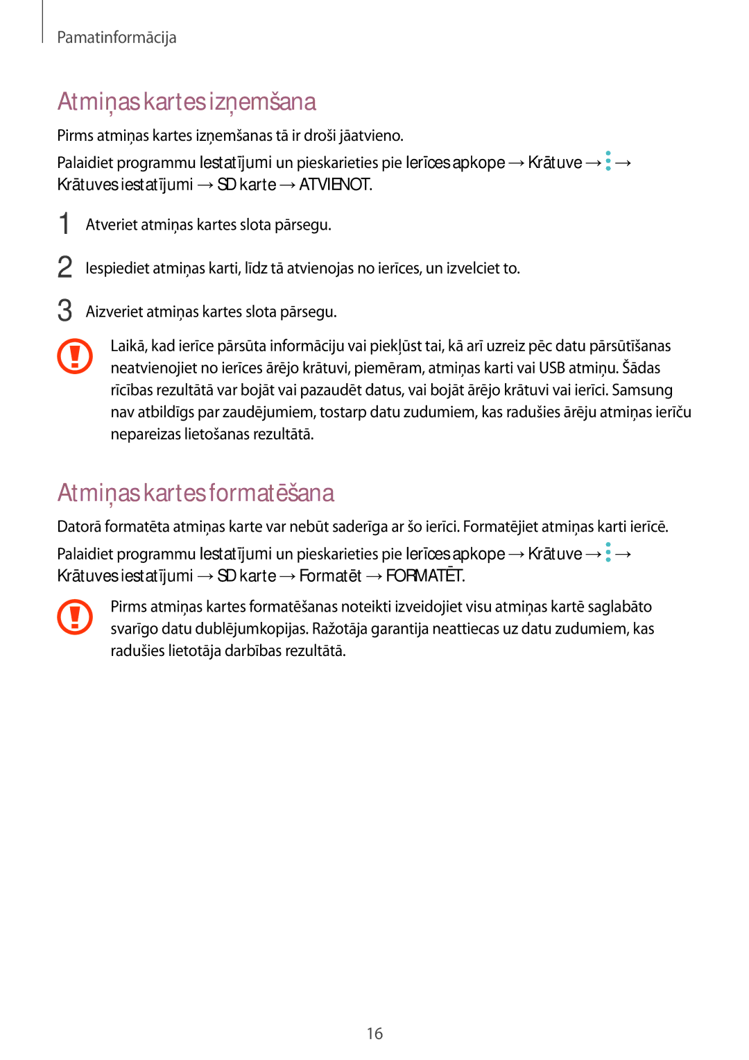 Samsung SM-T555NZKASEB, SM-T555NZWASEB manual Atmiņas kartes izņemšana, Atmiņas kartes formatēšana 