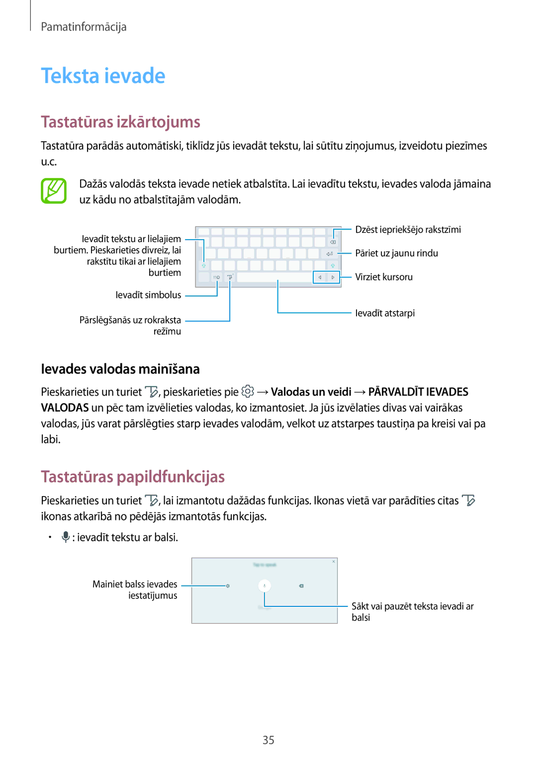 Samsung SM-T555NZWASEB manual Teksta ievade, Tastatūras izkārtojums, Tastatūras papildfunkcijas, Ievades valodas mainīšana 