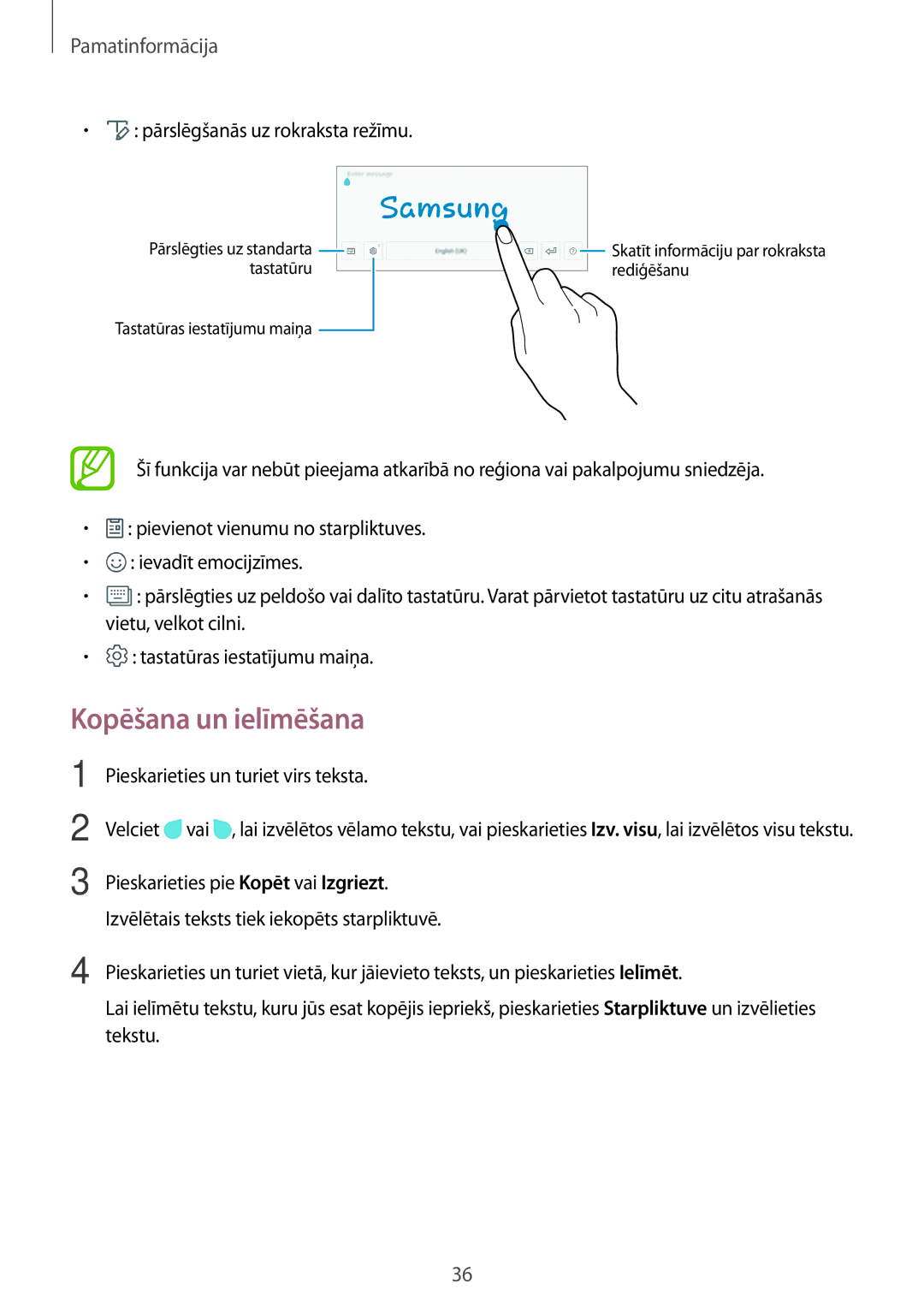 Samsung SM-T555NZKASEB, SM-T555NZWASEB manual Kopēšana un ielīmēšana, Pārslēgšanās uz rokraksta režīmu 