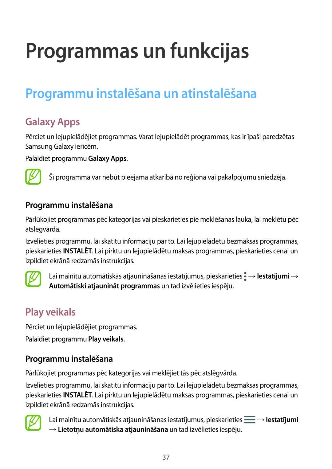 Samsung SM-T555NZWASEB, SM-T555NZKASEB manual Programmu instalēšana un atinstalēšana, Galaxy Apps, Play veikals 