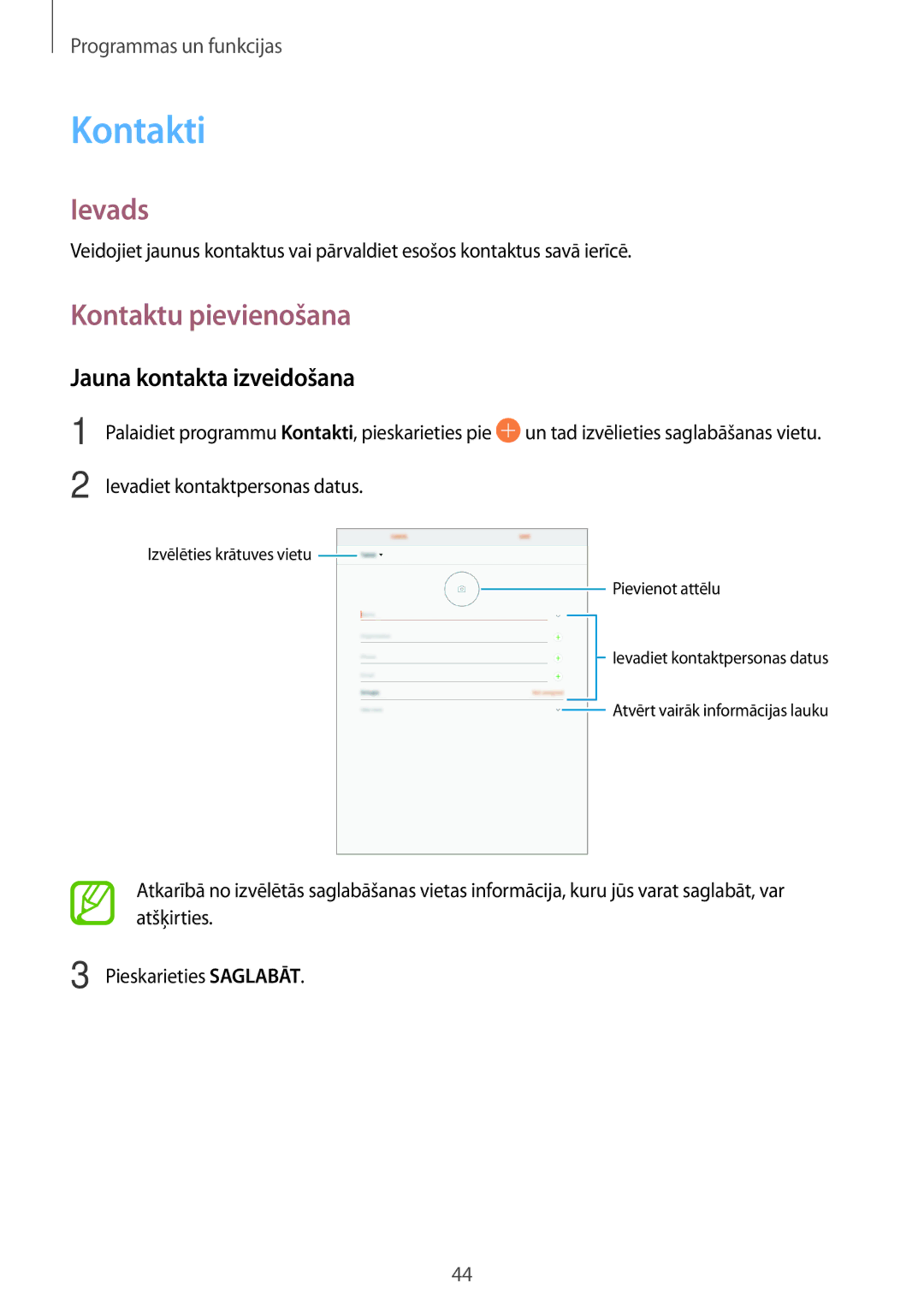 Samsung SM-T555NZKASEB, SM-T555NZWASEB manual Kontakti, Kontaktu pievienošana, Jauna kontakta izveidošana 