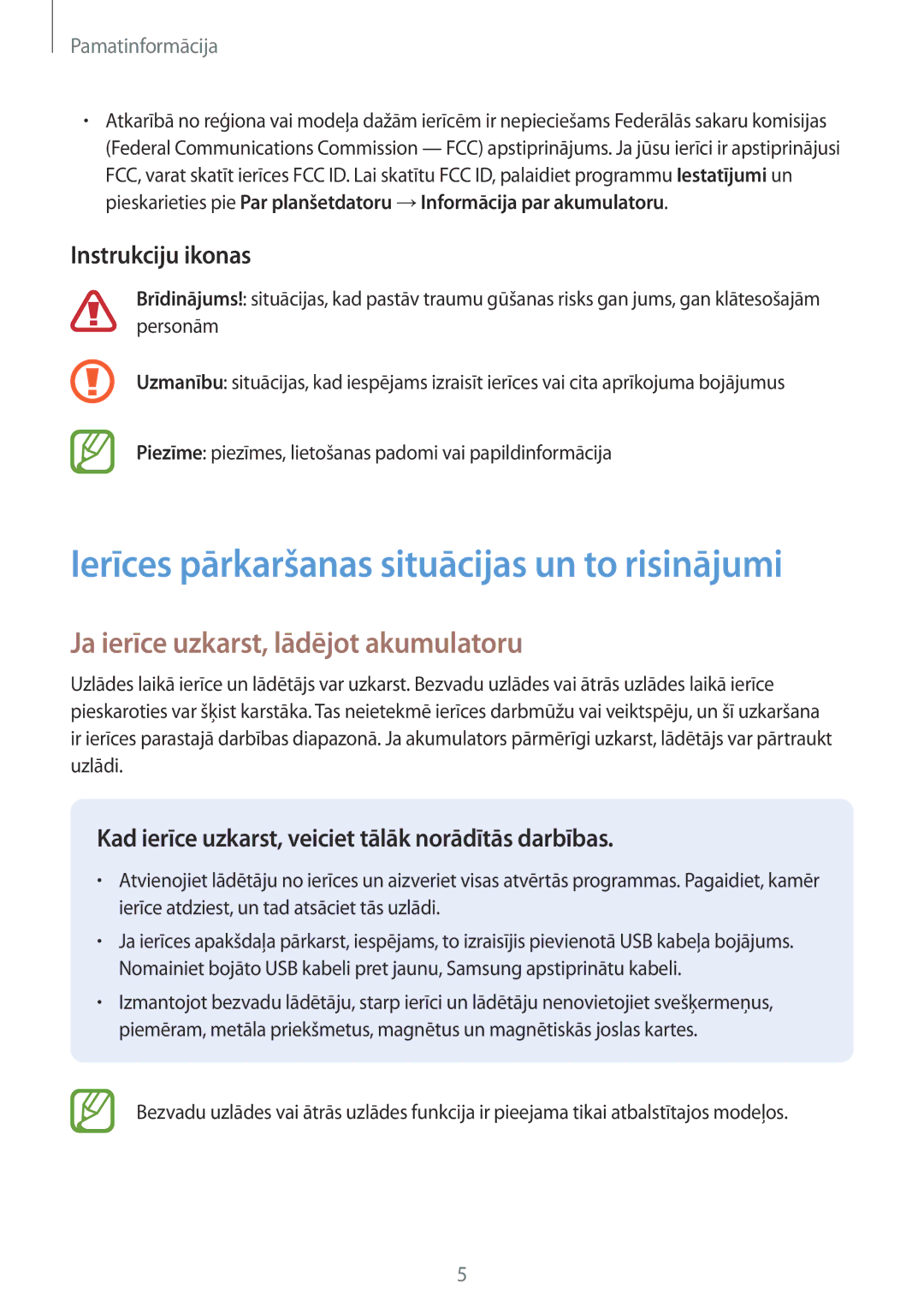 Samsung SM-T555NZWASEB, SM-T555NZKASEB manual Ja ierīce uzkarst, lādējot akumulatoru, Instrukciju ikonas 