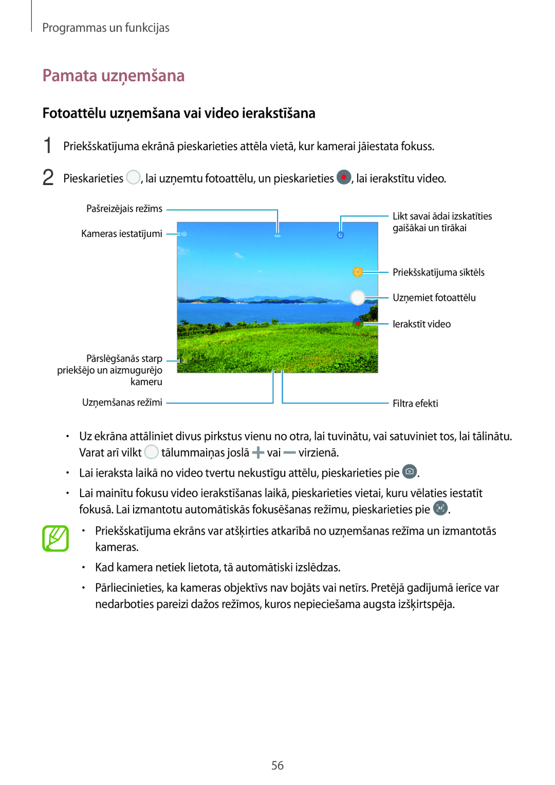 Samsung SM-T555NZKASEB, SM-T555NZWASEB manual Pamata uzņemšana, Fotoattēlu uzņemšana vai video ierakstīšana 