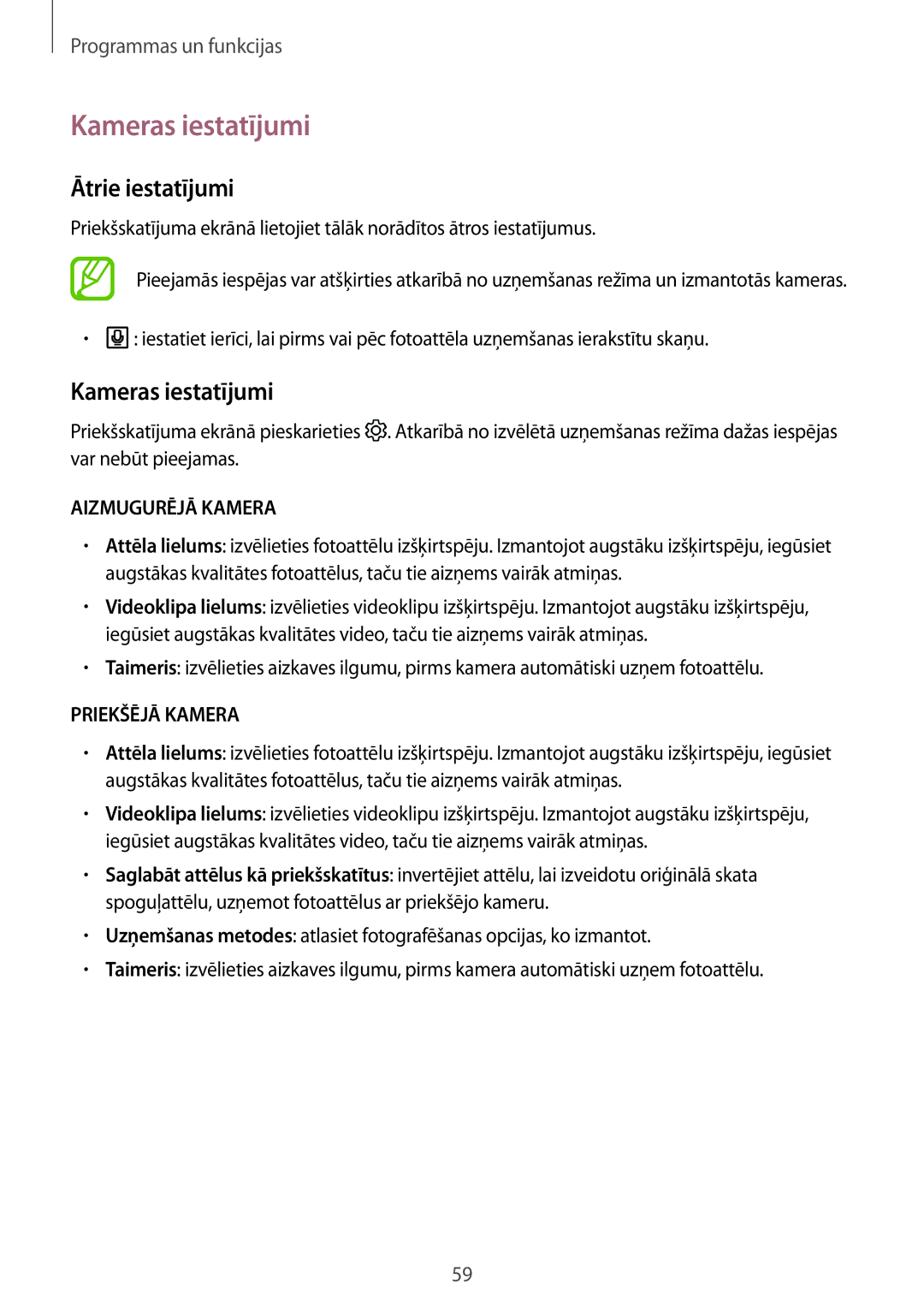 Samsung SM-T555NZWASEB, SM-T555NZKASEB manual Kameras iestatījumi, Ātrie iestatījumi 