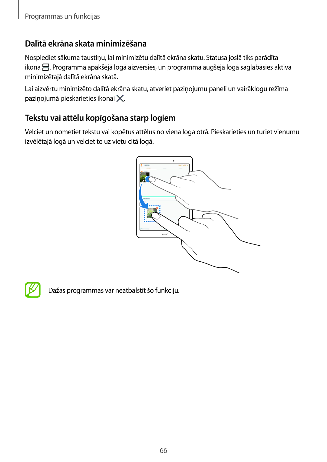 Samsung SM-T555NZKASEB, SM-T555NZWASEB manual Dalītā ekrāna skata minimizēšana, Tekstu vai attēlu kopīgošana starp logiem 