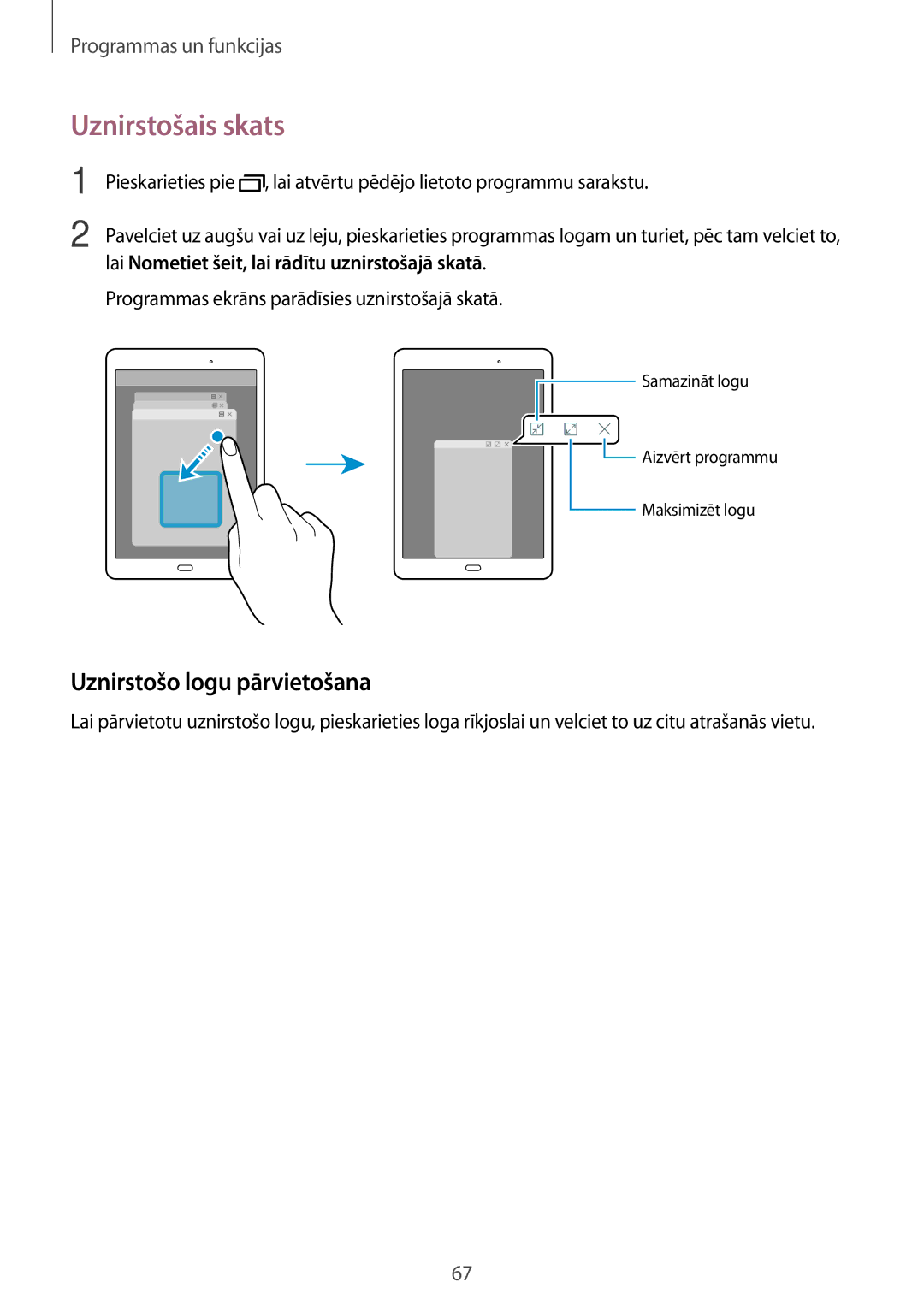 Samsung SM-T555NZWASEB Uznirstošais skats, Uznirstošo logu pārvietošana, Lai Nometiet šeit, lai rādītu uznirstošajā skatā 