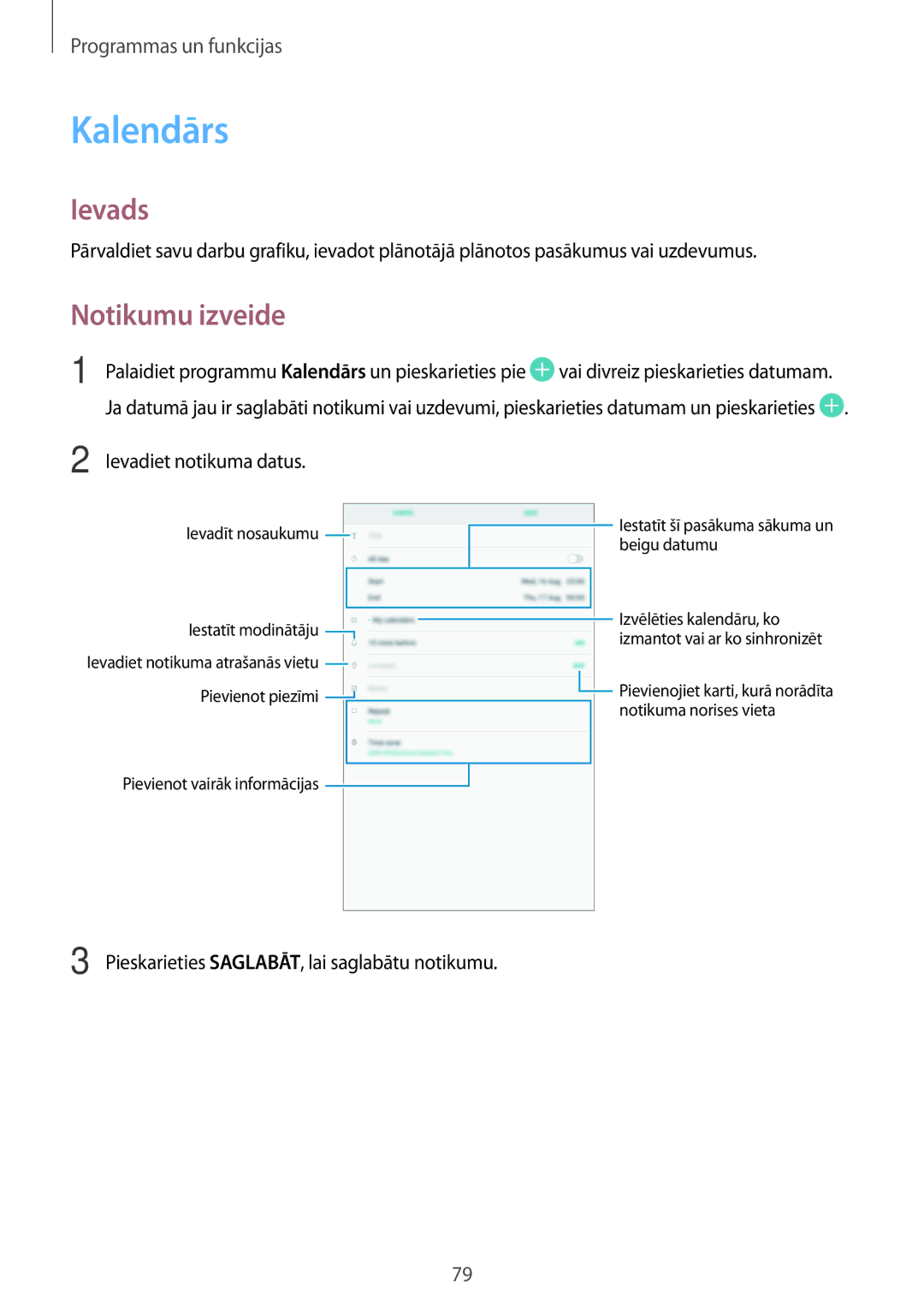 Samsung SM-T555NZWASEB, SM-T555NZKASEB manual Kalendārs, Notikumu izveide 