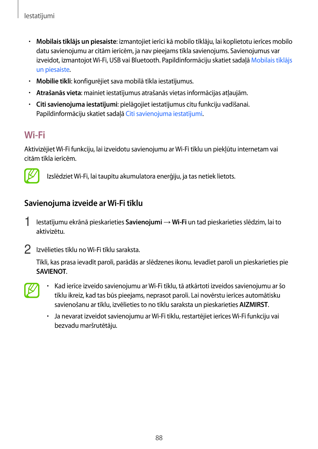 Samsung SM-T555NZKASEB, SM-T555NZWASEB manual Savienojuma izveide ar Wi-Fi tīklu 