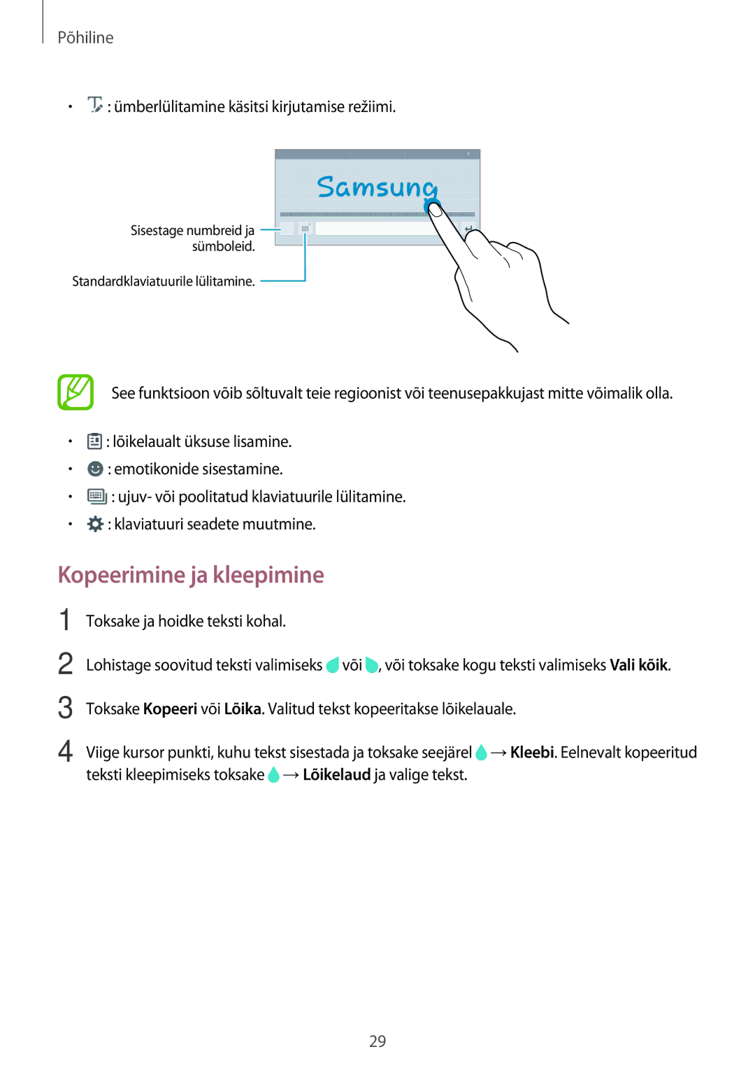 Samsung SM-T555NZWASEB, SM-T555NZKASEB manual Kopeerimine ja kleepimine, Ümberlülitamine käsitsi kirjutamise režiimi 