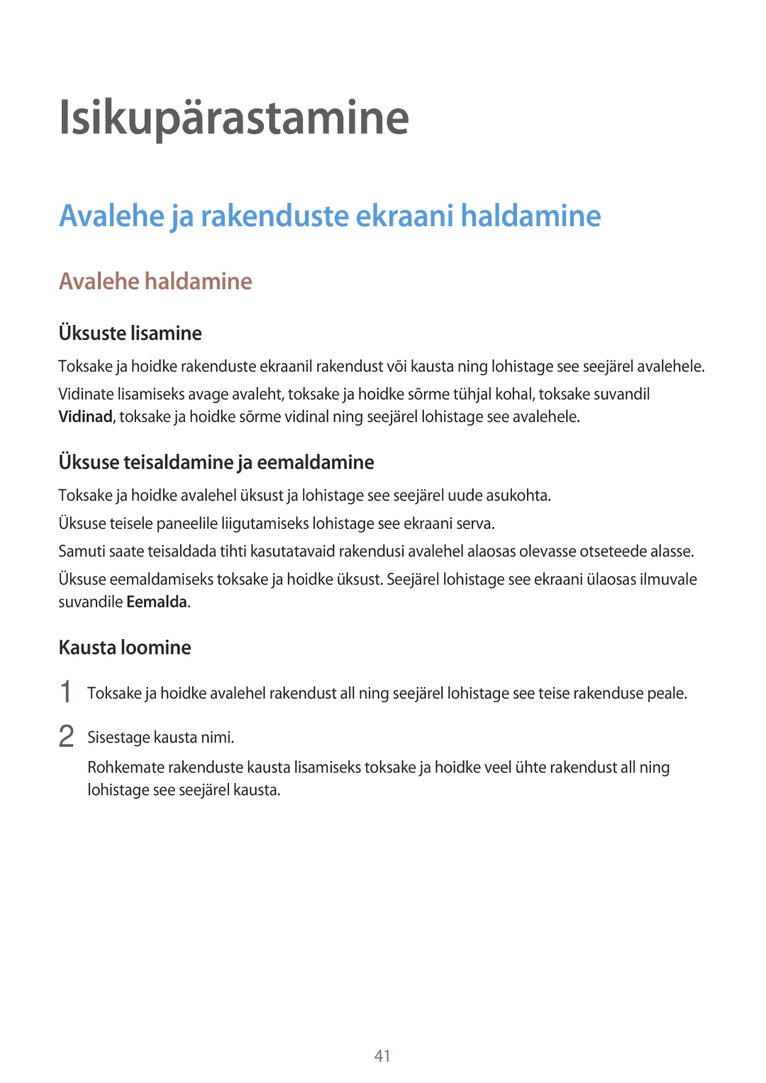 Samsung SM-T555NZWASEB, SM-T555NZKASEB manual Isikupärastamine, Avalehe ja rakenduste ekraani haldamine, Avalehe haldamine 