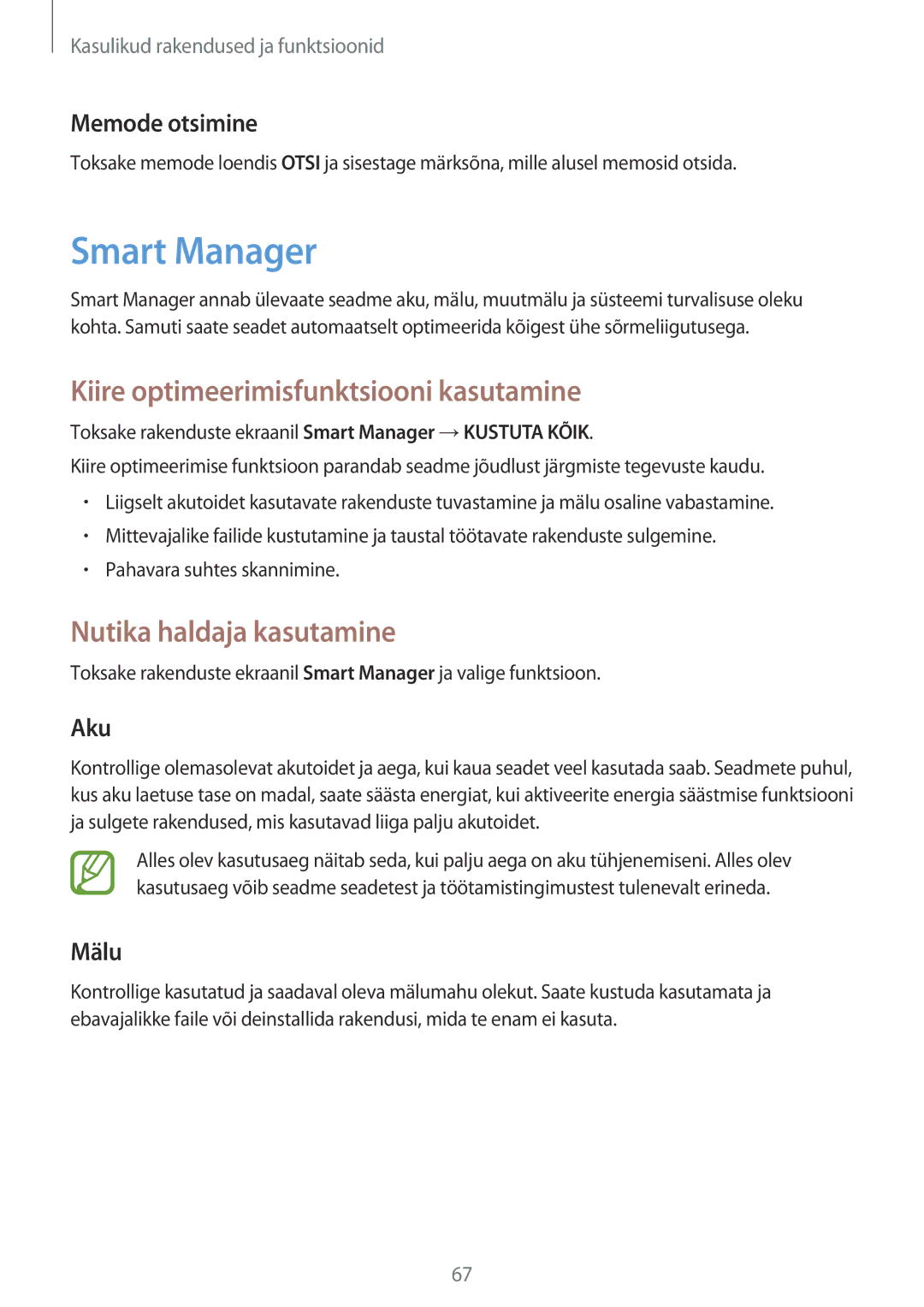 Samsung SM-T555NZWASEB, SM-T555NZKASEB Smart Manager, Kiire optimeerimisfunktsiooni kasutamine, Nutika haldaja kasutamine 