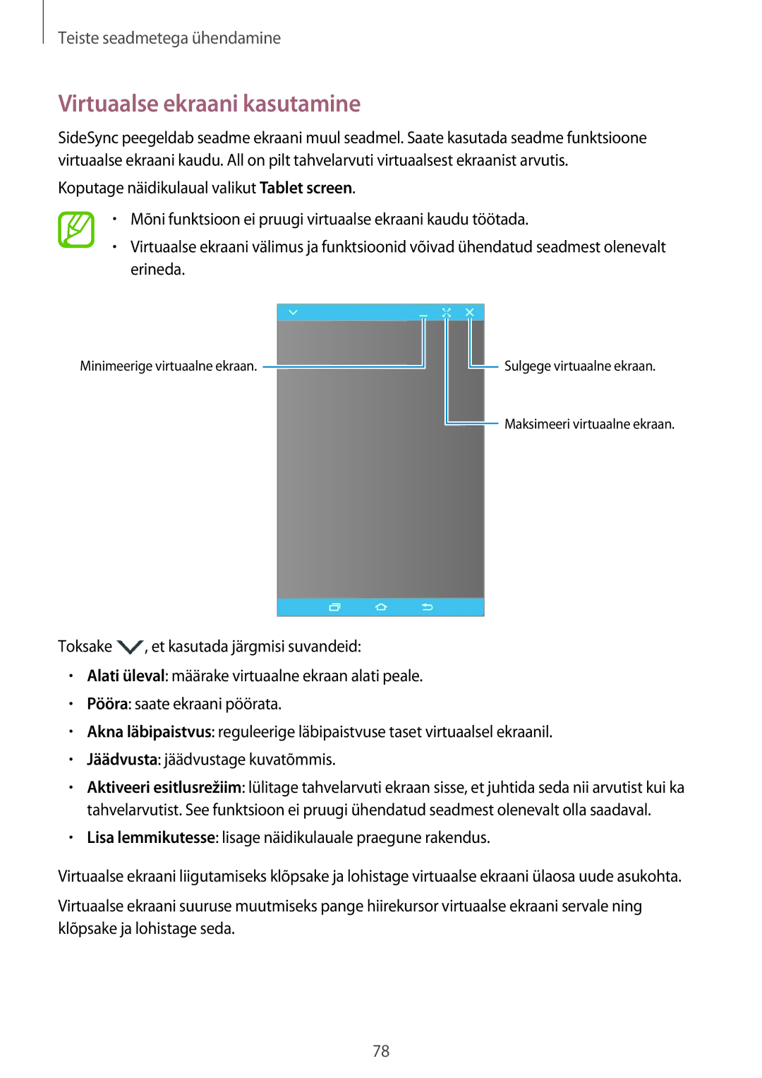 Samsung SM-T555NZKASEB manual Virtuaalse ekraani kasutamine, Lisa lemmikutesse lisage näidikulauale praegune rakendus 