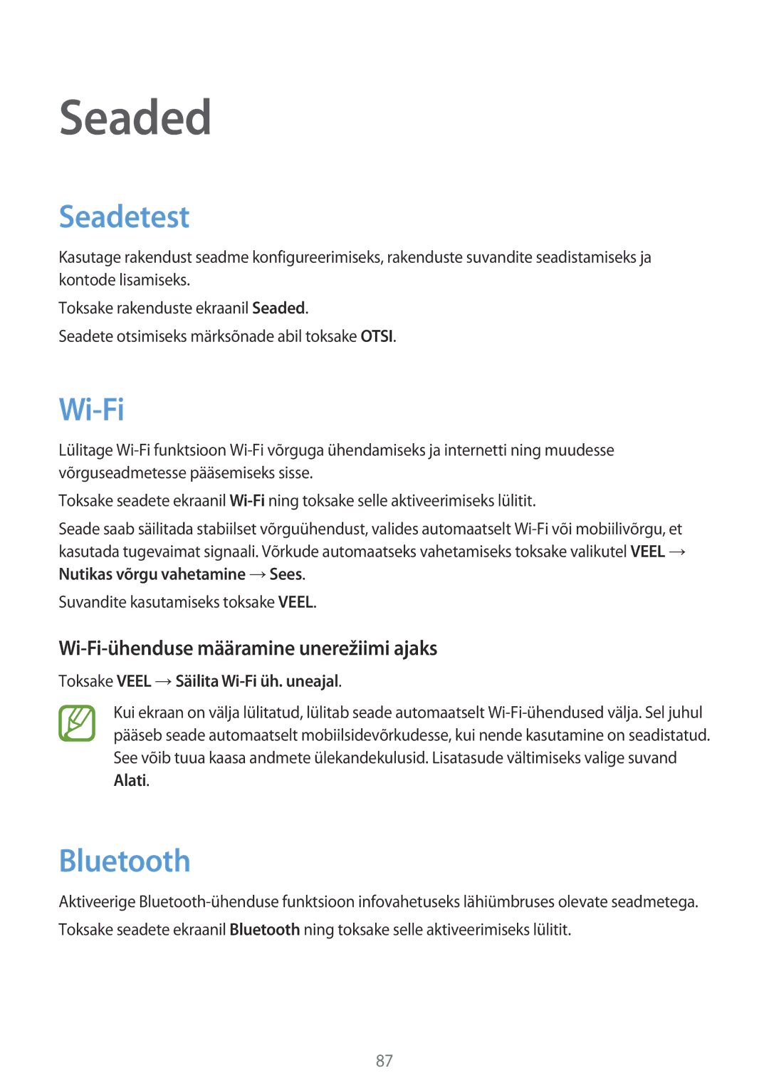 Samsung SM-T555NZWASEB, SM-T555NZKASEB manual Seaded, Seadetest, Wi-Fi-ühenduse määramine unerežiimi ajaks 