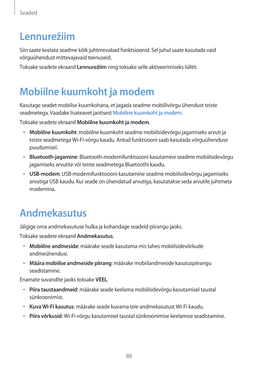 Samsung SM-T555NZKASEB, SM-T555NZWASEB manual Lennurežiim, Andmekasutus 