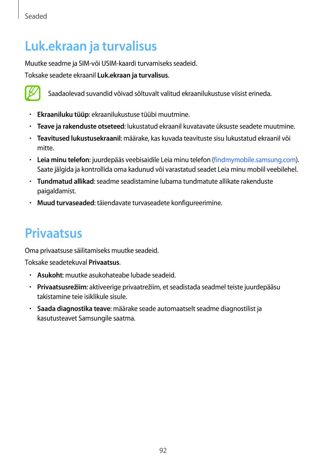 Samsung SM-T555NZKASEB, SM-T555NZWASEB manual Luk.ekraan ja turvalisus, Privaatsus 