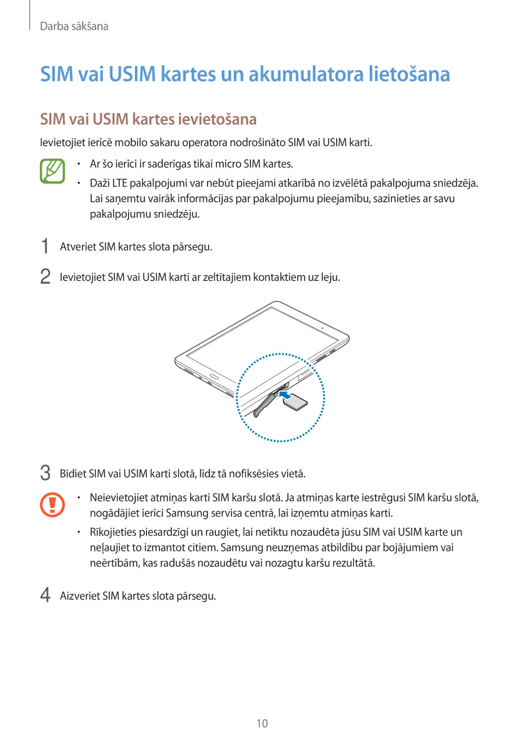 Samsung SM-T555NZKASEB, SM-T555NZWASEB manual SIM vai Usim kartes un akumulatora lietošana, SIM vai Usim kartes ievietošana 