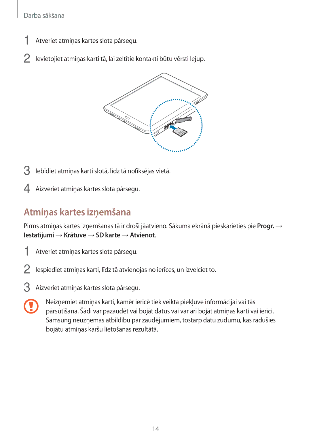 Samsung SM-T555NZKASEB, SM-T555NZWASEB manual Atmiņas kartes izņemšana 