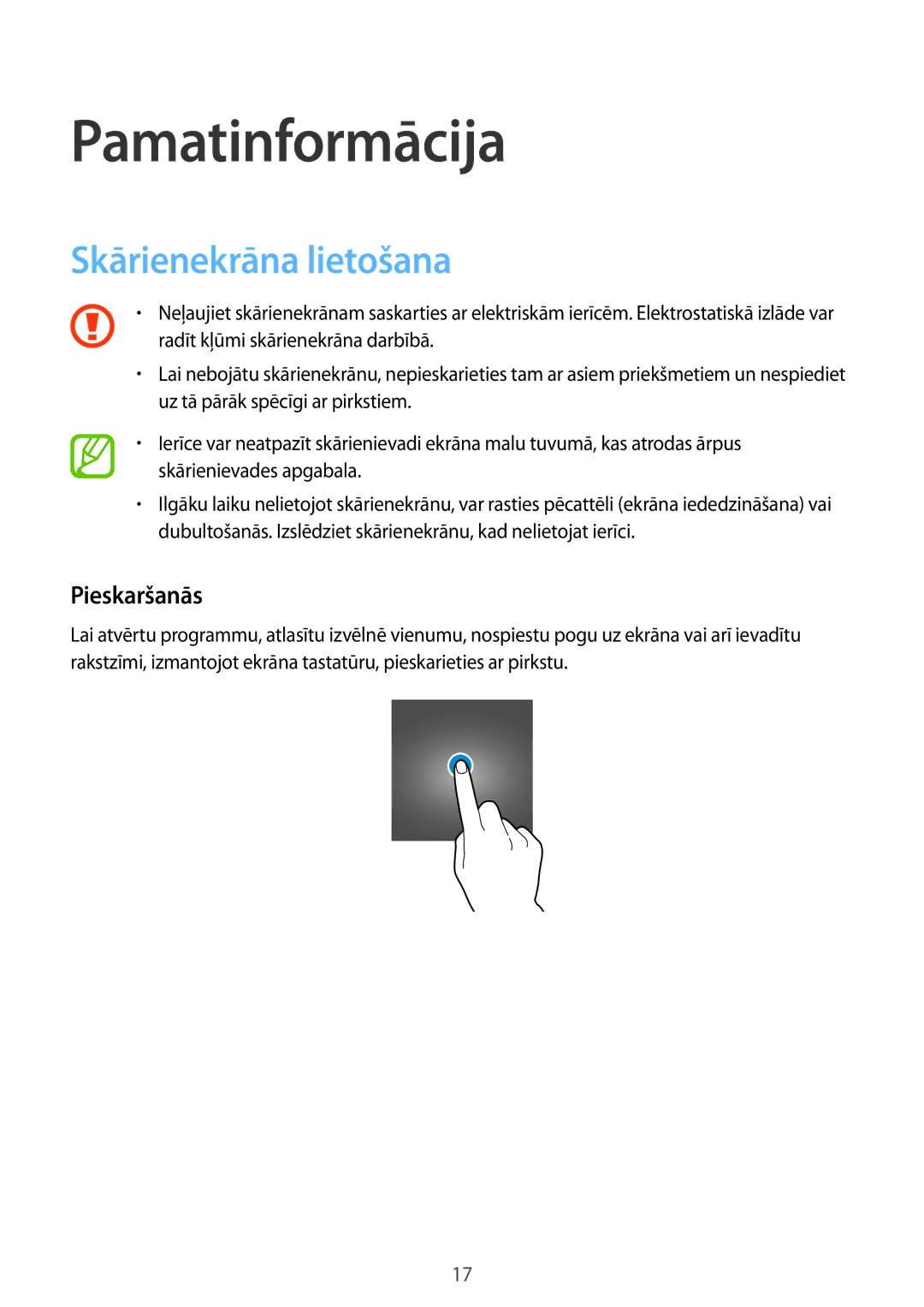 Samsung SM-T555NZWASEB, SM-T555NZKASEB manual Pamatinformācija, Skārienekrāna lietošana, Pieskaršanās 